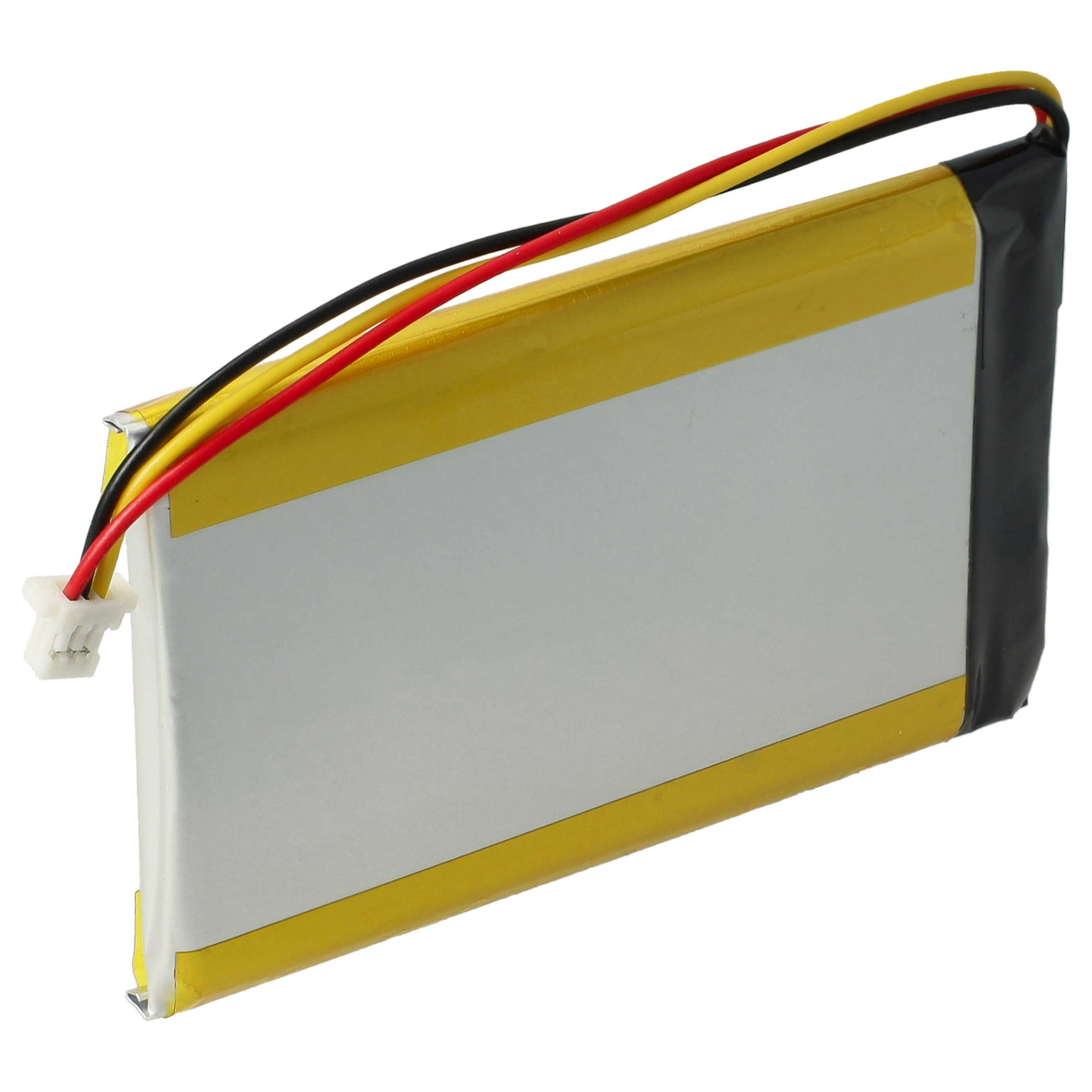 Ein rechteckiger gelber Akku mit schwarzen, roten und gelben Drähten und einem weißen Stecker.