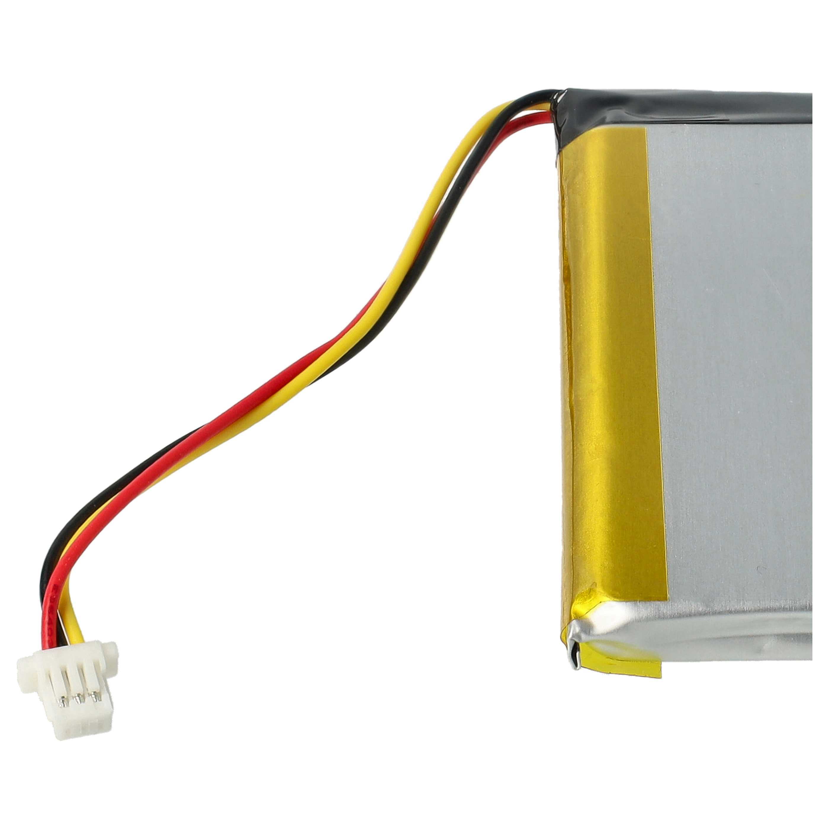 Ein Akku mit roten, gelben und schwarzen Drähten, die an einen weißen Stecker angeschlossen sind.