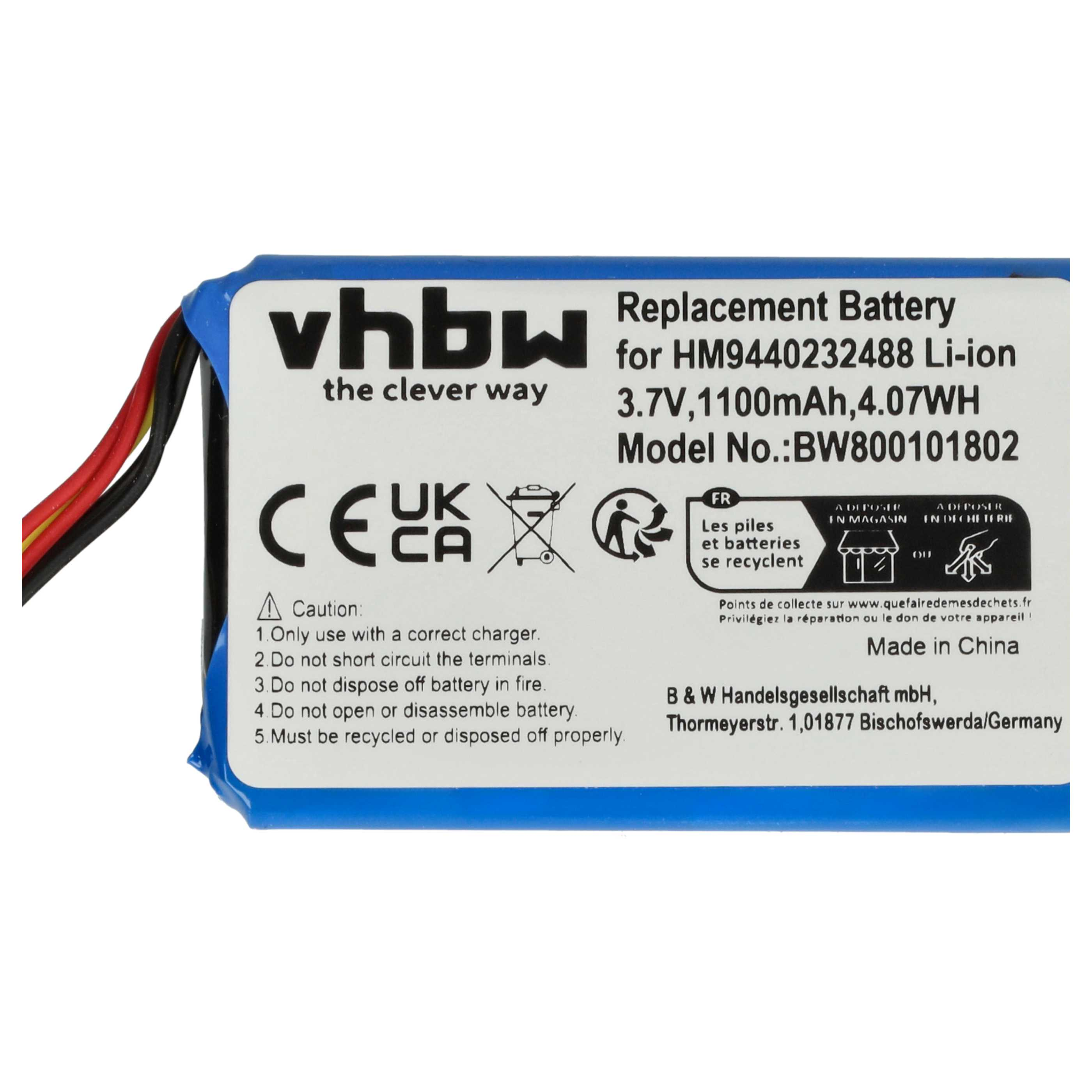 Eine blau-weiße Ersatzbatterie mit Sicherheitshinweisen.