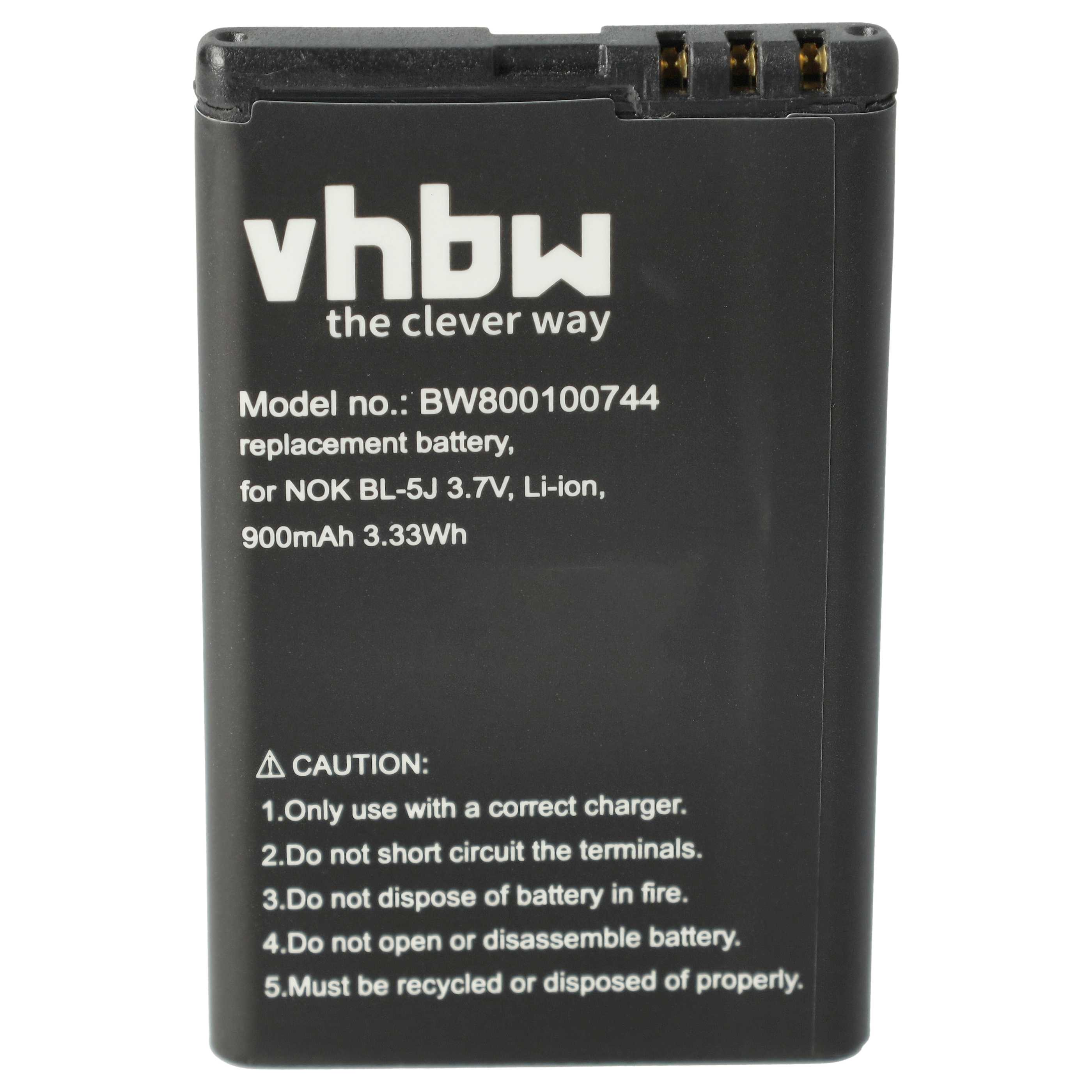 Schwarze vhbw-Batterie mit weißem Text: Modell, NOK BL-5J 3,7V, 900mAh. Vorsichtshinweise.