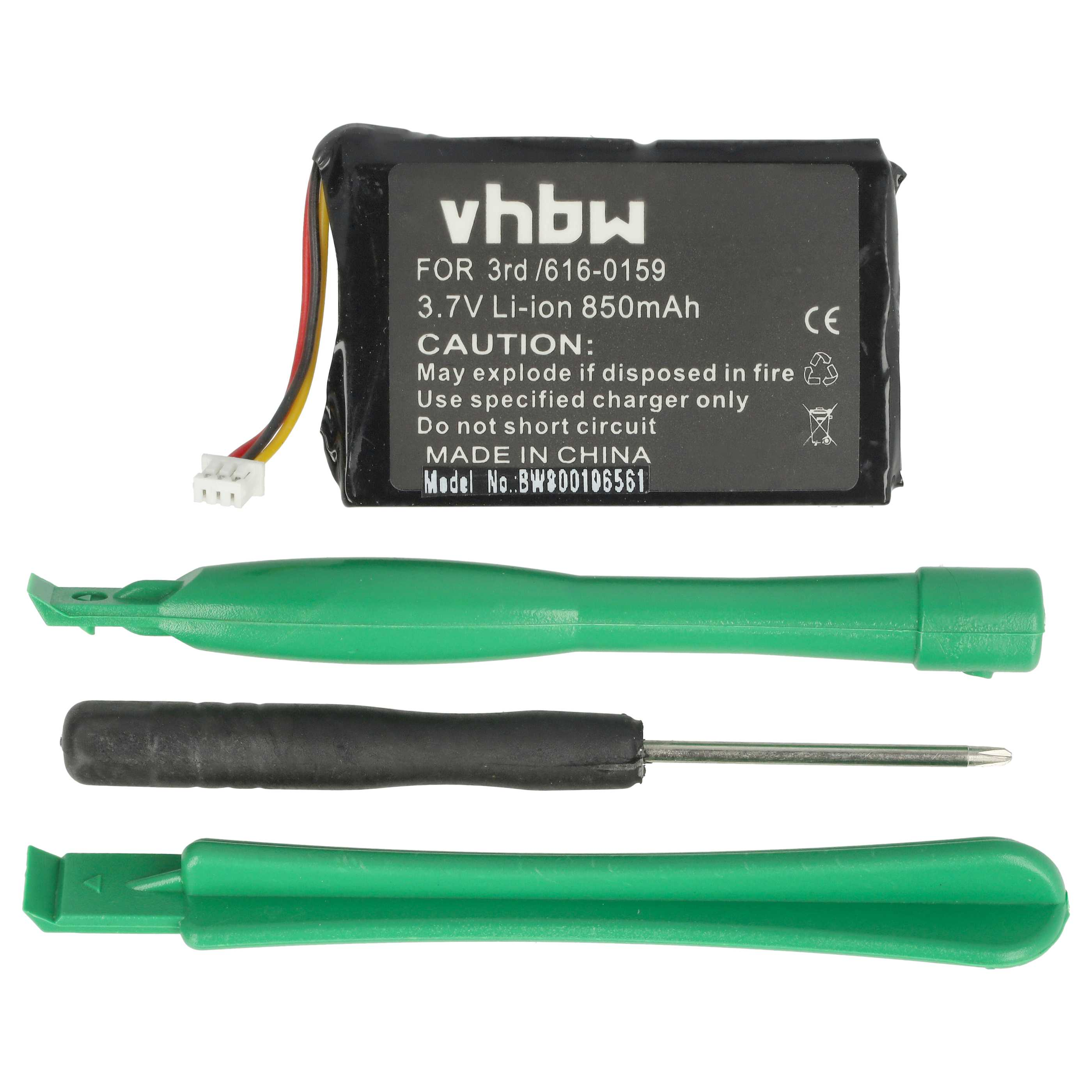 Eine schwarze Batterie mit Text und drei Werkzeugen: zwei grün, eins schwarz, für Elektronik.