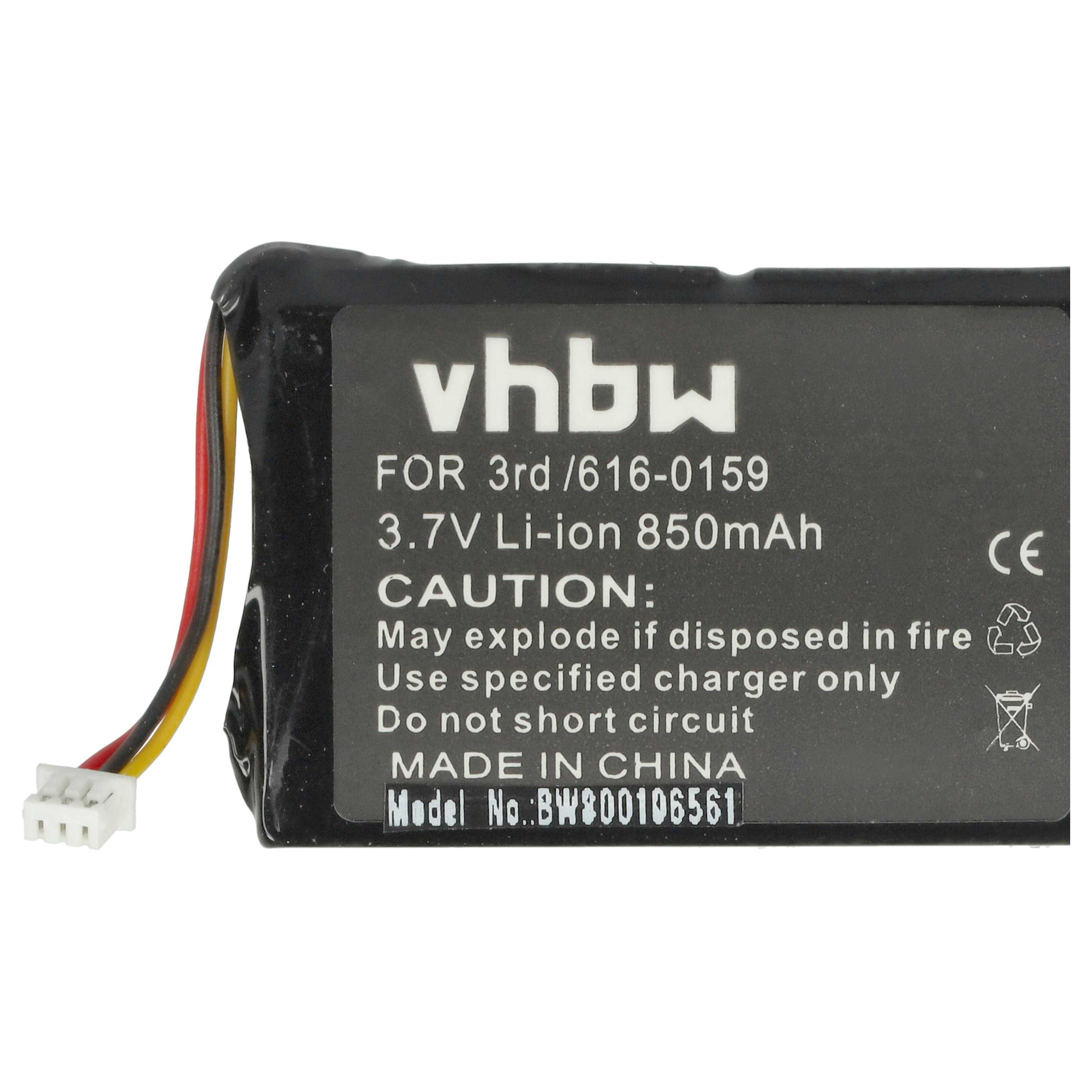 Schwarz-weiße Batterie mit Texten, u. a. '3.7V Li-ion 850mAh' und 'CAUTION'.