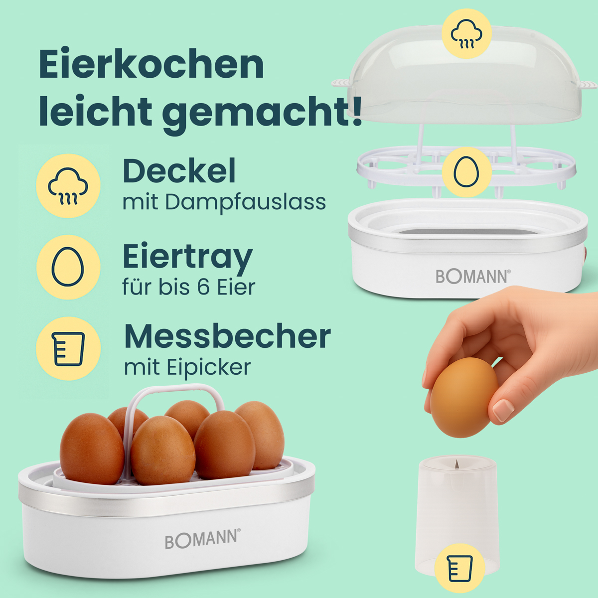 Urządzenie do gotowania jajek z jajkami i etykietami tekstowymi, pokazujące proces gotowania.