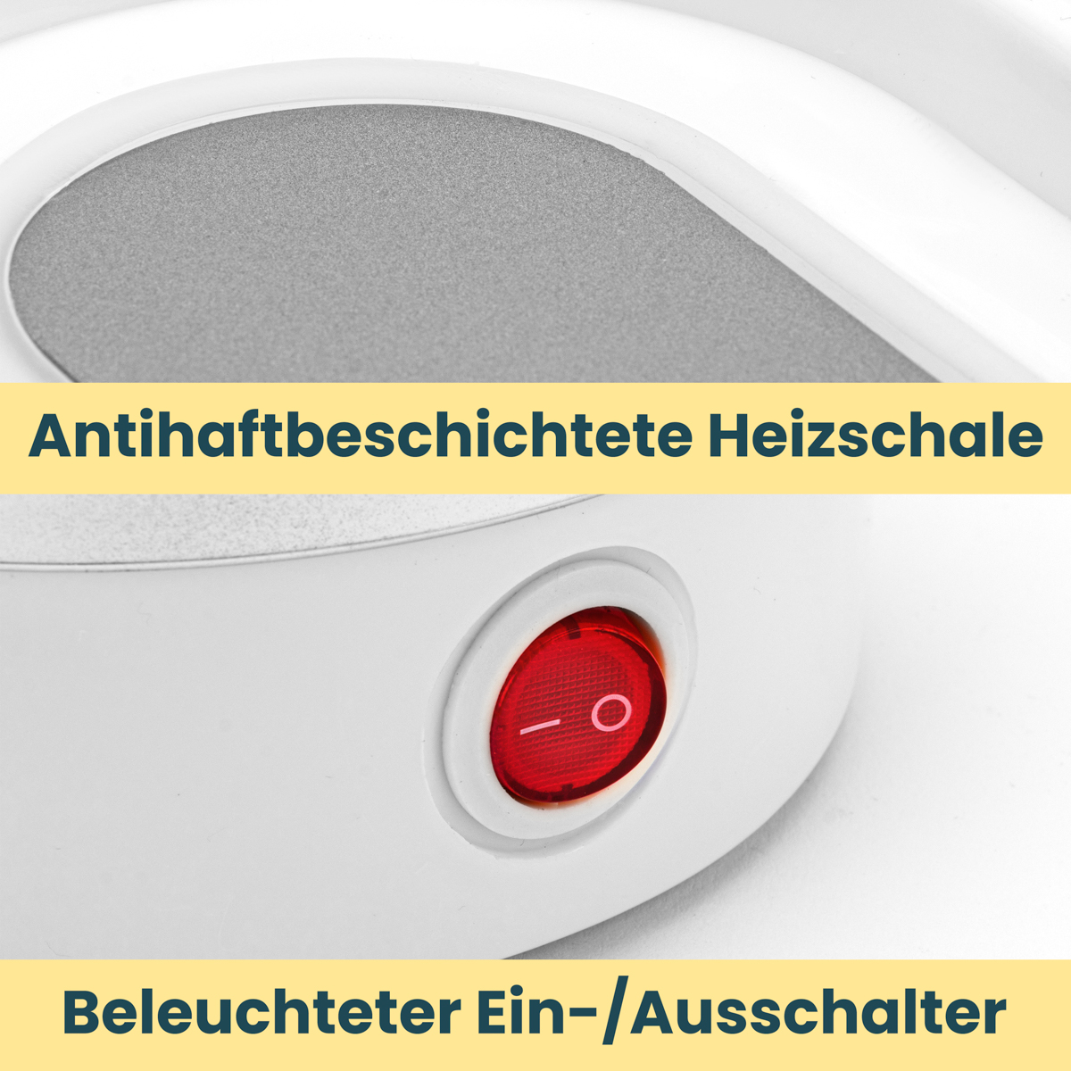 Zbliżenie białego urządzenia z czerwonym, podświetlanym włącznikiem/wyłącznikiem i nieprzywierającą płytą grzewczą.