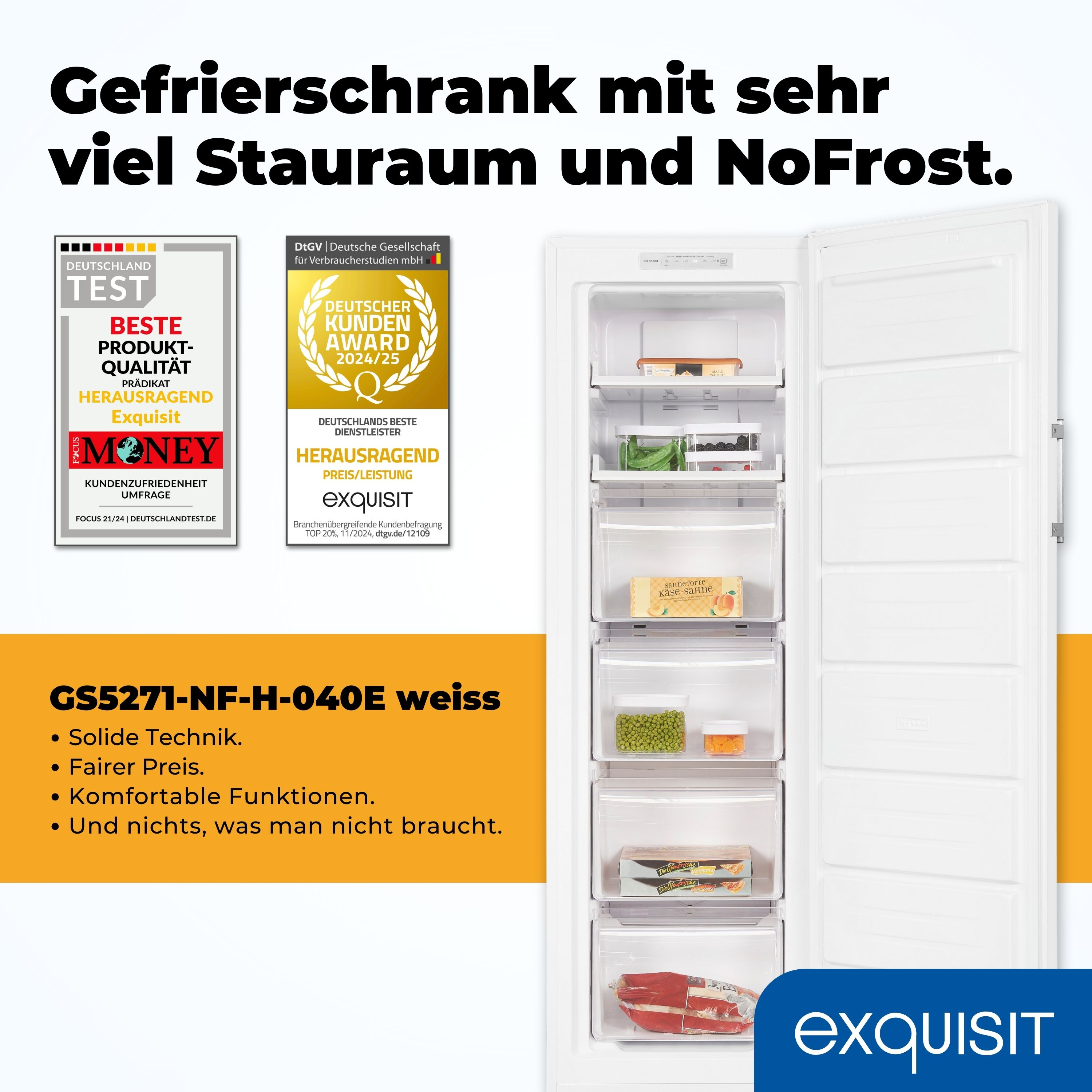 Ein weisser Kühlschrank mit Gefrierfach und Text mit Auszeichnungen und Produktinfos.