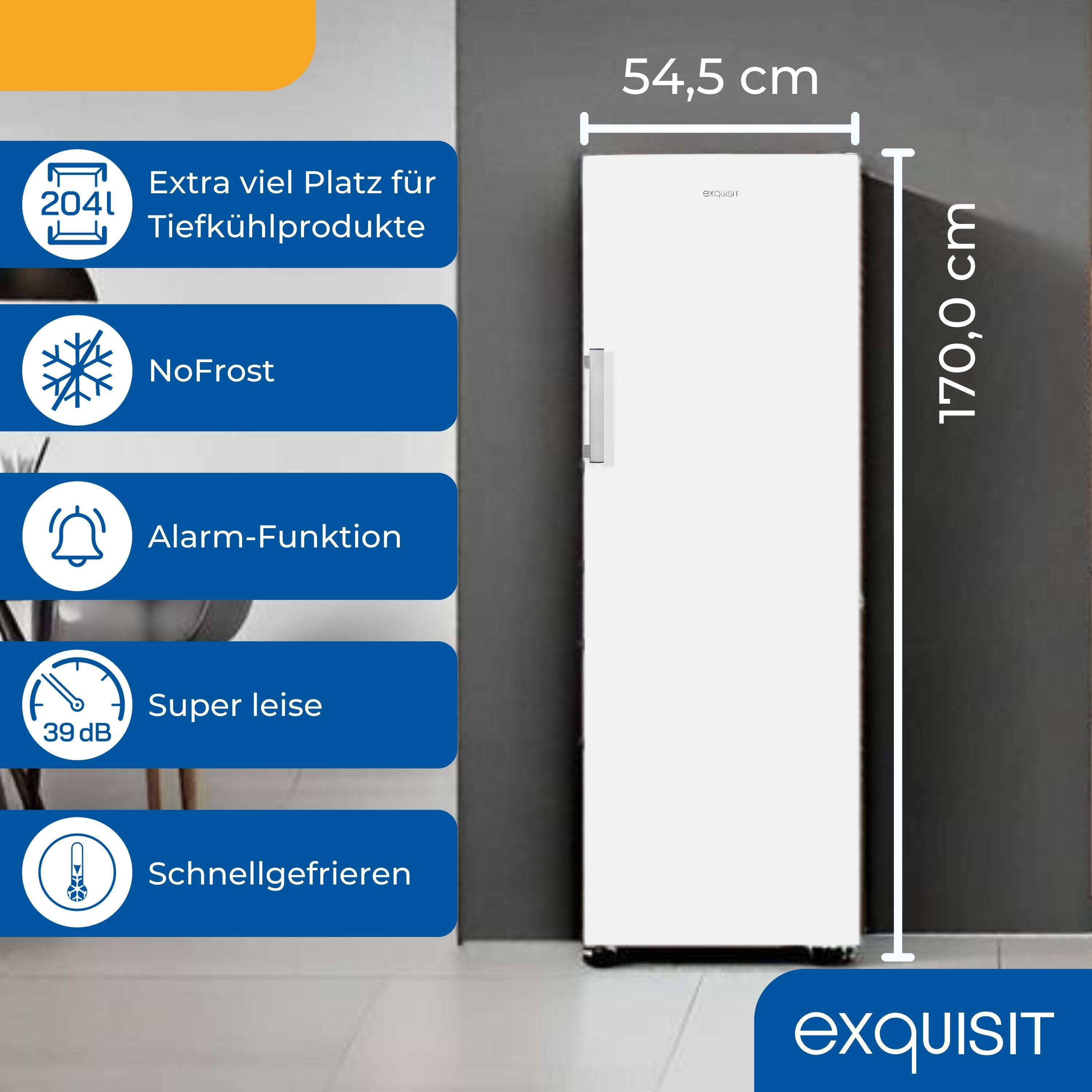 Weißer Gefrierschrank, mit Textbezeichnungen für Funktionen wie Extraplatz, NoFrost usw.