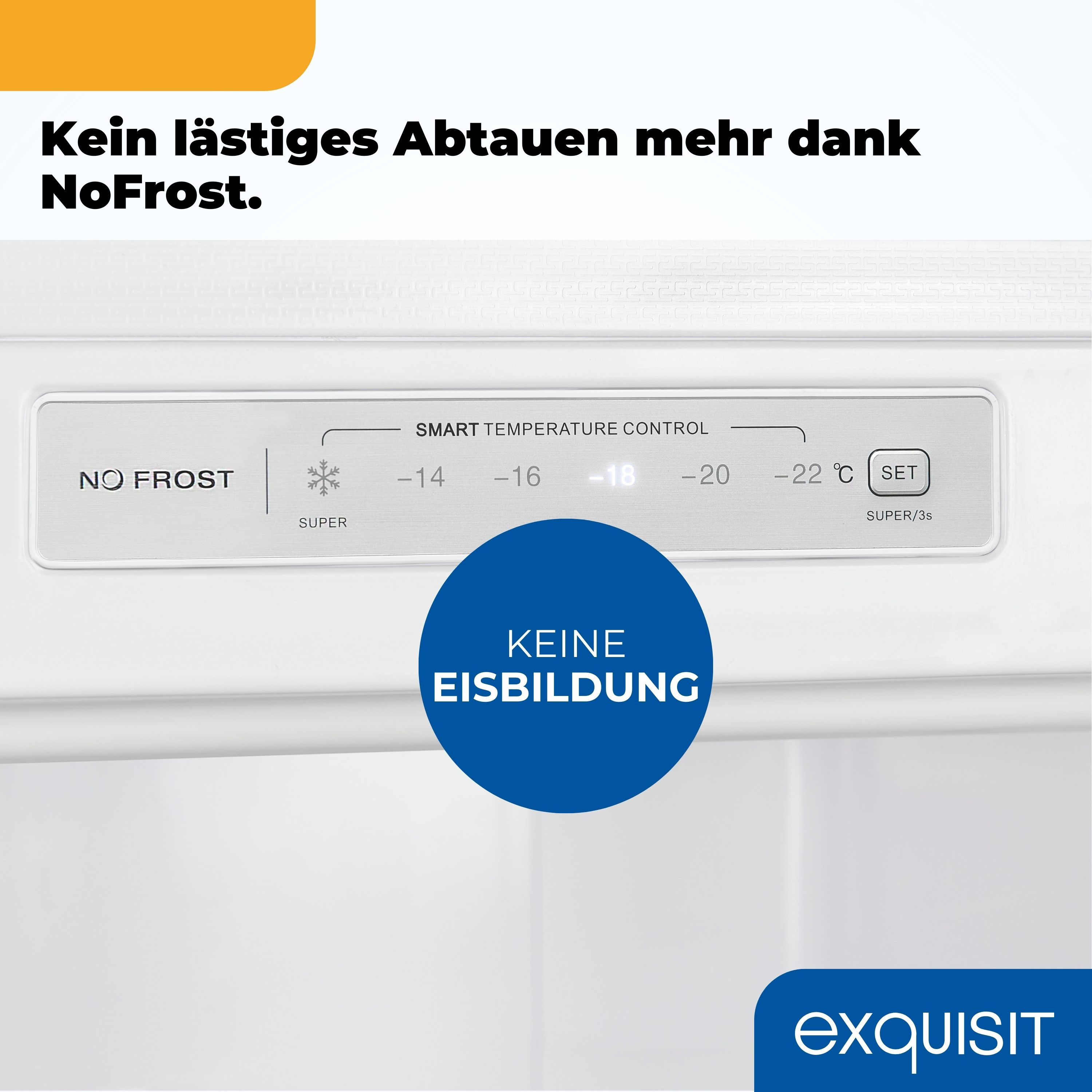 Nahaufnahme eines weißen Kühlschrank-Bedienfelds mit dem Text „No Frost“ und Temperatureinstellungen.