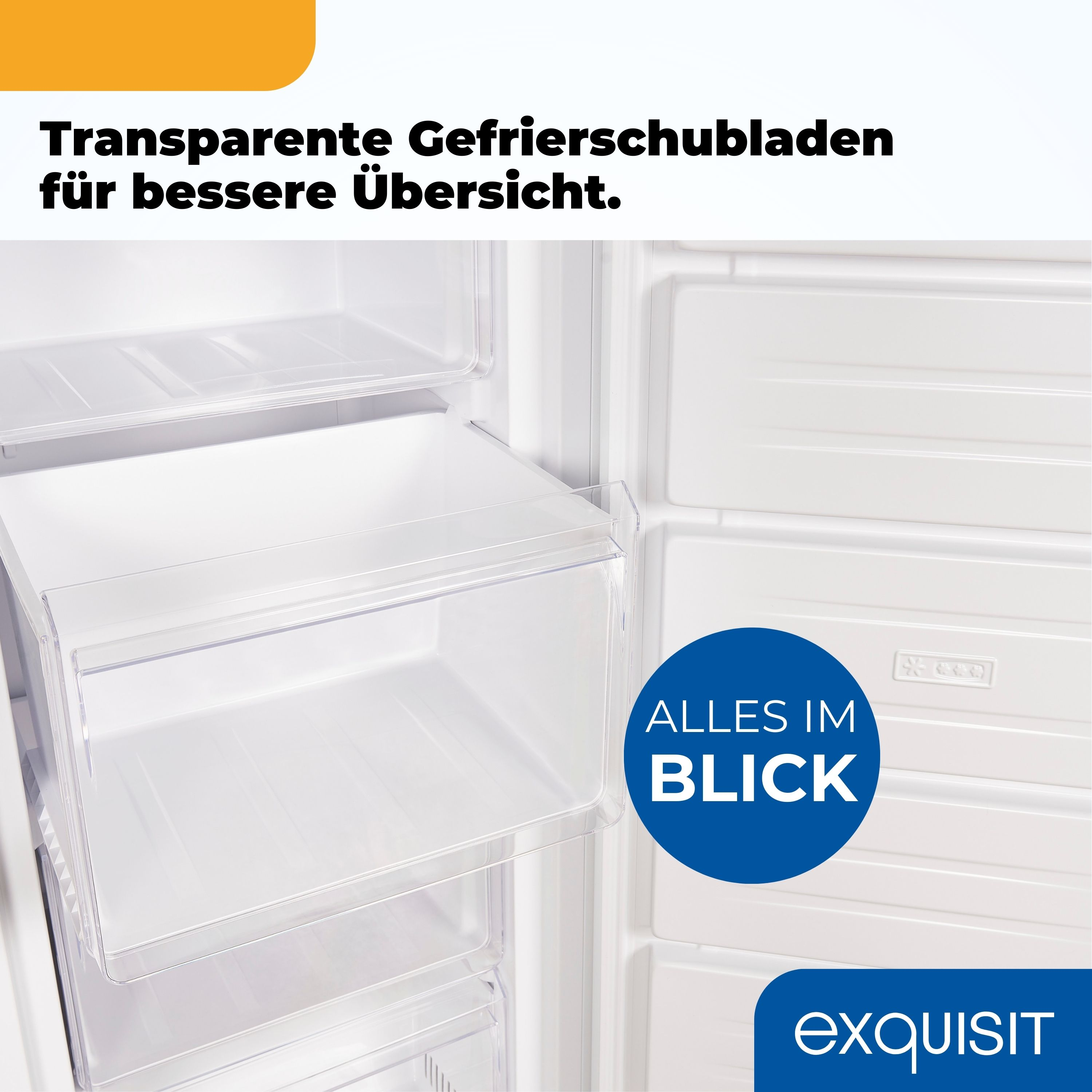 Transparente Gefrierschubladen, sichtbar im Inneren eines Kühlschranks.
