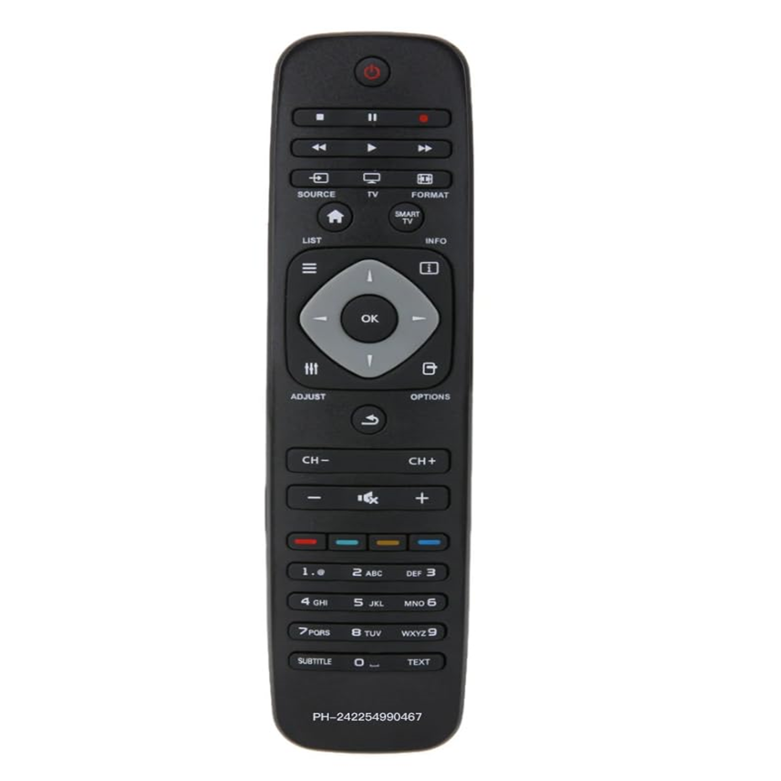 Eine schwarze Philips Fernbedienung mit verschiedenen Tasten.