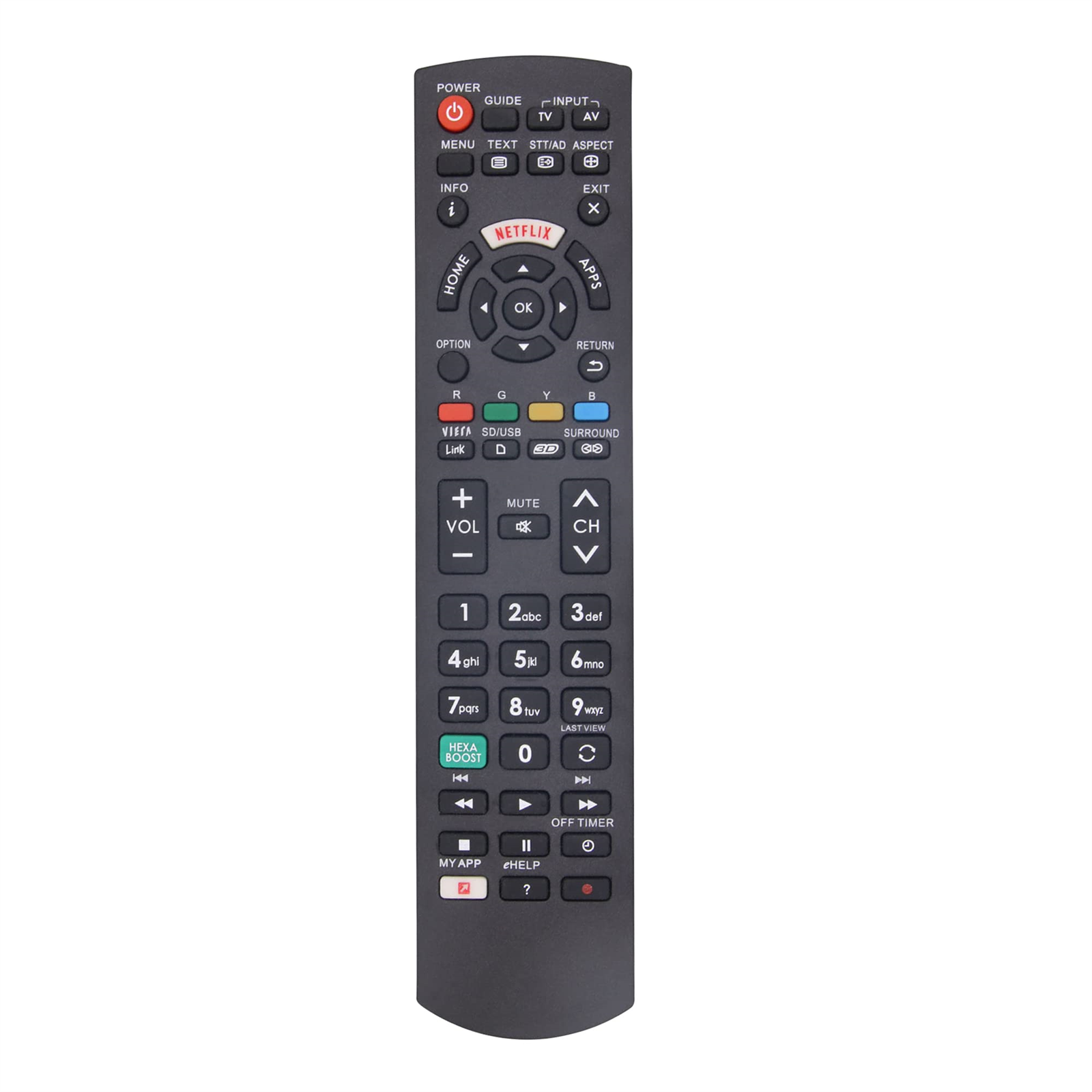 Schwarze Fernbedienung mit vielen Tasten, darunter Netflix, Home und Kanal.
