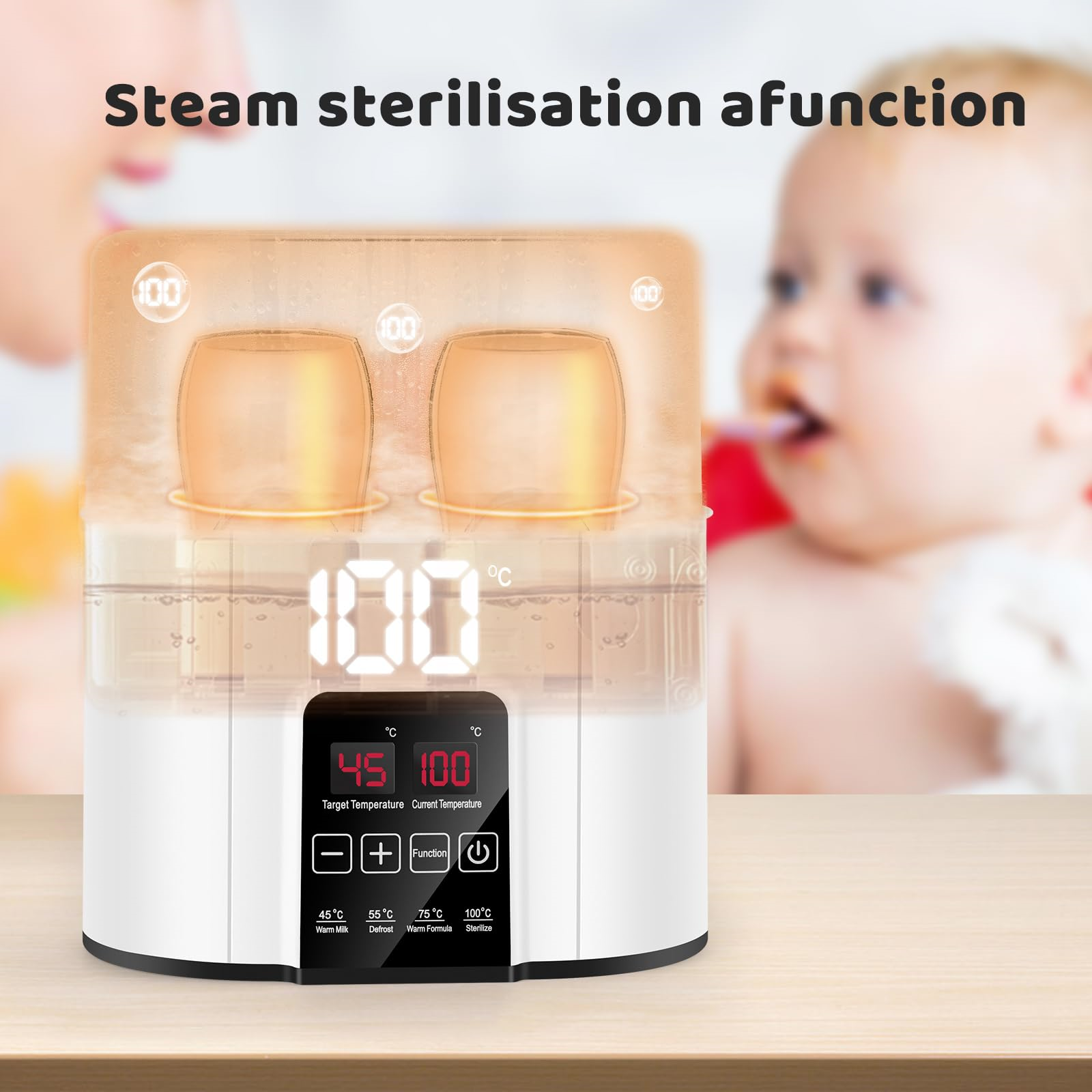 Weiß-schwarzer Babyflaschensterilisator mit Digitalanzeige und zwei Flaschen darin.