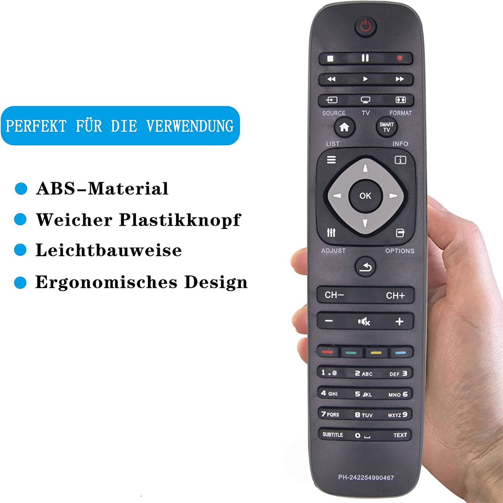 Schwarze Fernbedienung mit Knöpfen, Text und einer Hand, die sie hält.