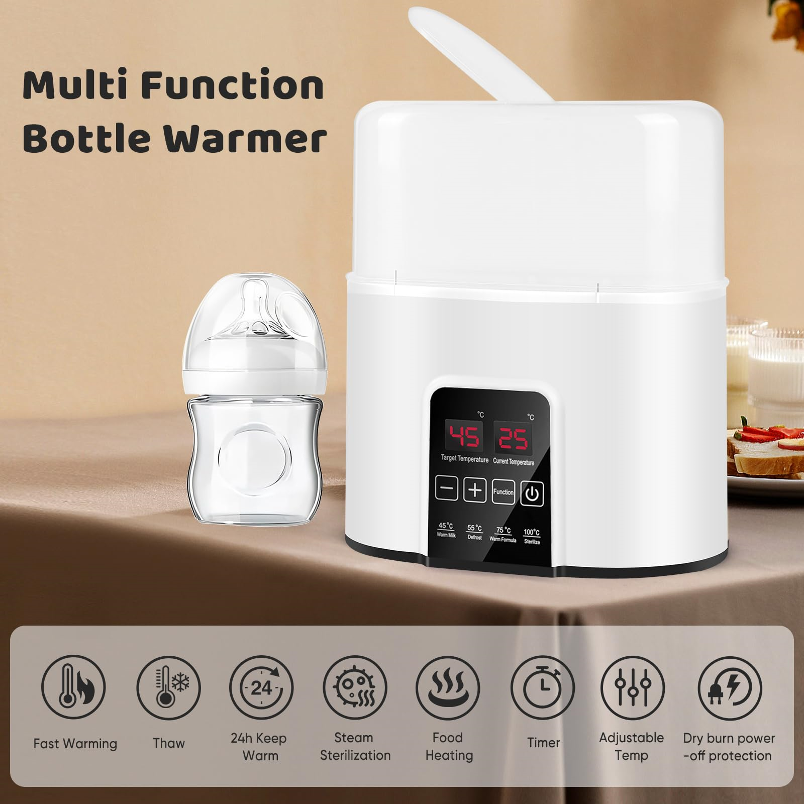 Ein weißer Flaschenwärmer mit digitaler Anzeige und Babyflasche daneben.