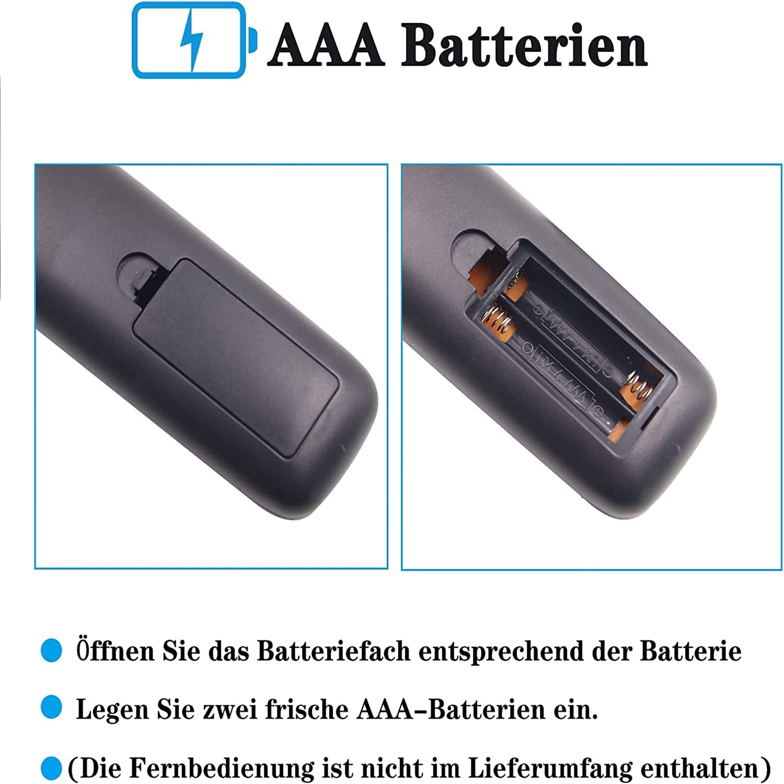 Zwei Bilder zeigen Fernbedienung mit geöffnetem und geschlossenem Batteriefach.