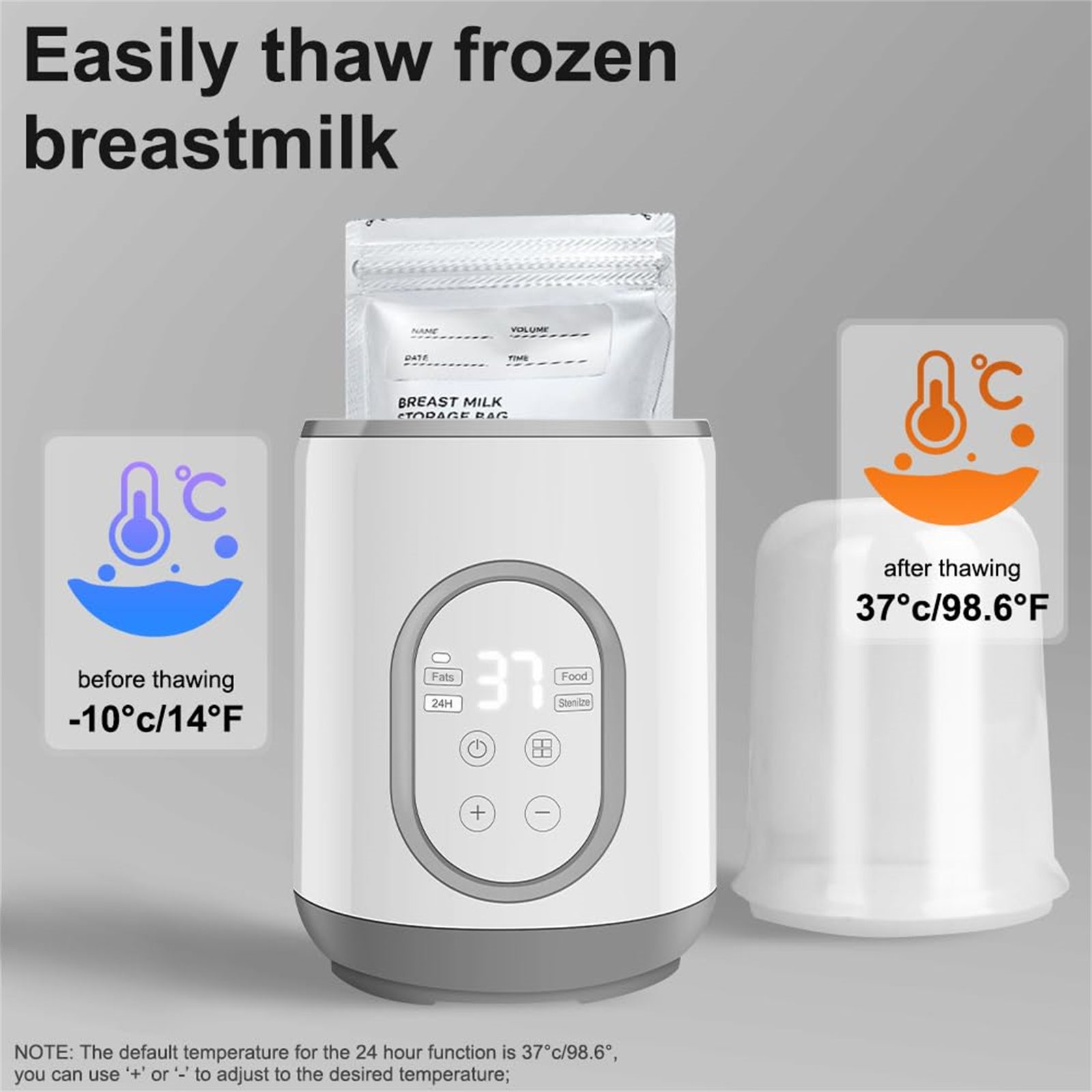 Ein Baby-Flaschenwärmer mit einem Beutel Muttermilch und Temperaturmessungen.