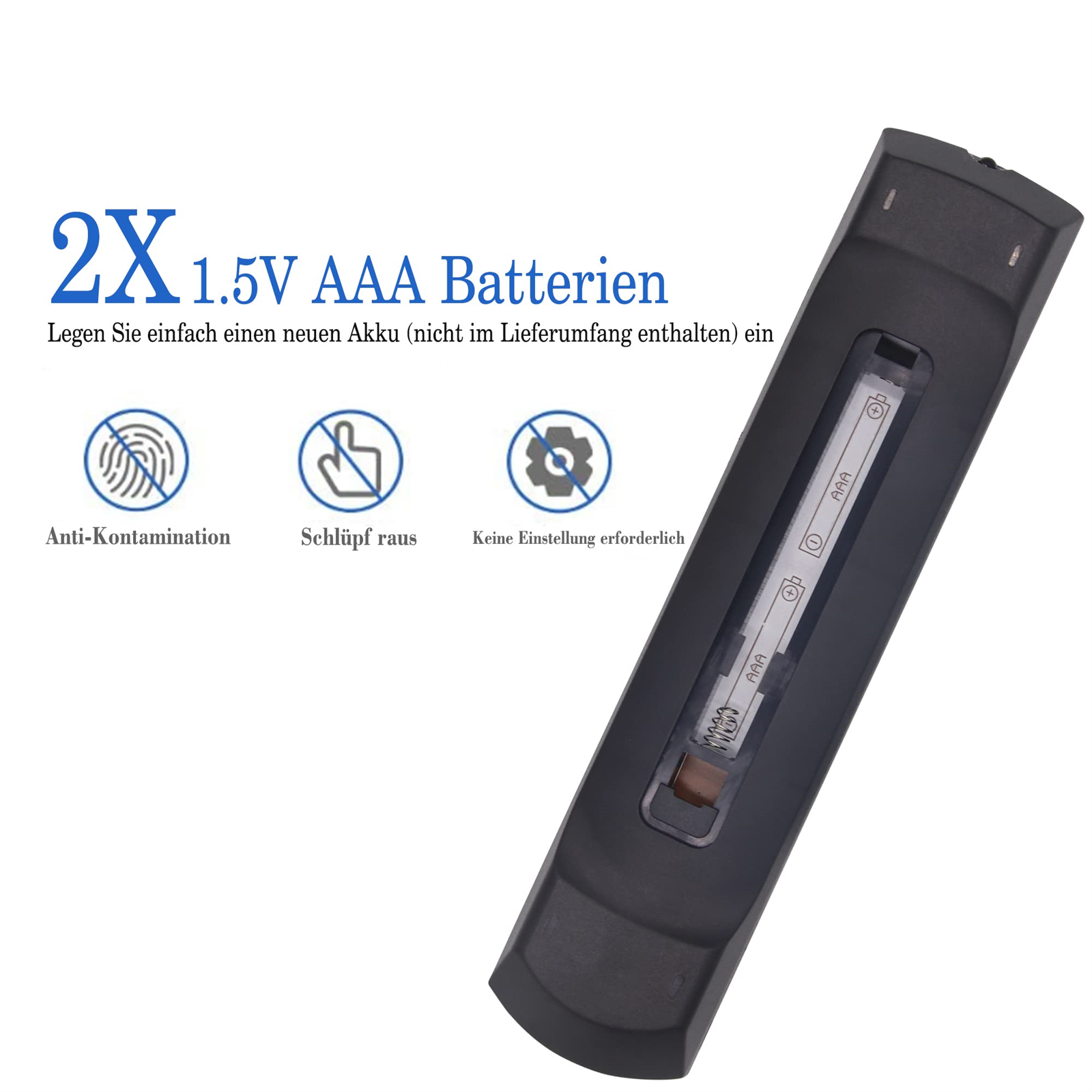 Schwarze Fernbedienung mit geöffnetem Batteriefach, enthält Symbole: Anti-Kontamination, einfach zu entfernen.