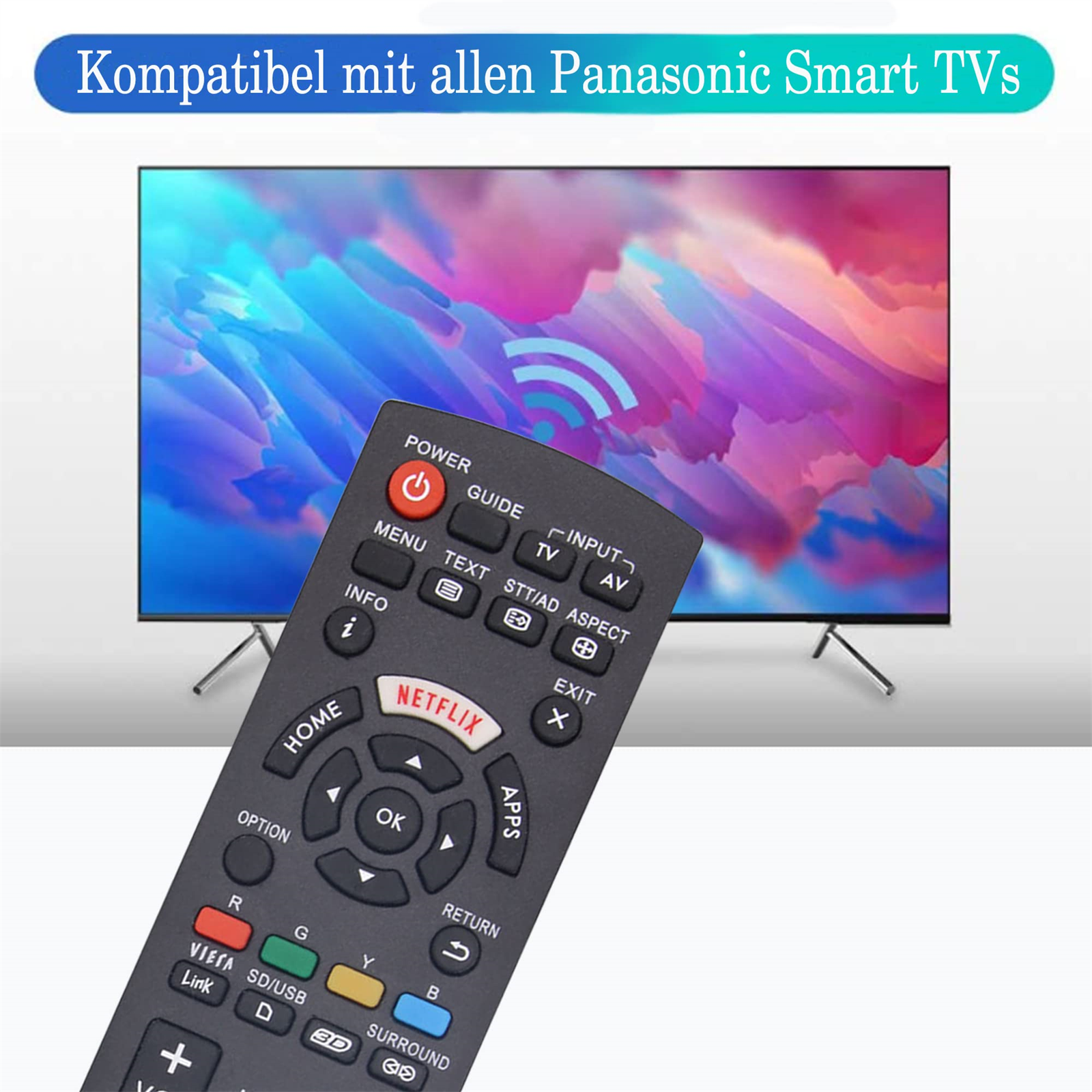 Eine TV-Fernbedienung mit Knöpfen und ein Fernseher im Hintergrund, auf weißem Hintergrund.