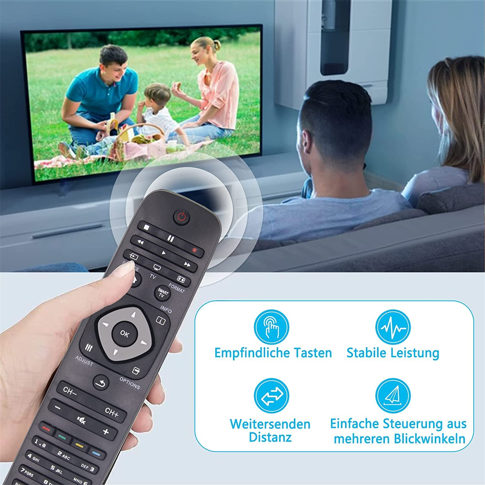 Eine Person, die eine Fernbedienung zur Bedienung eines Fernsehers verwendet, mit Symbolen um die Fernbedienung.