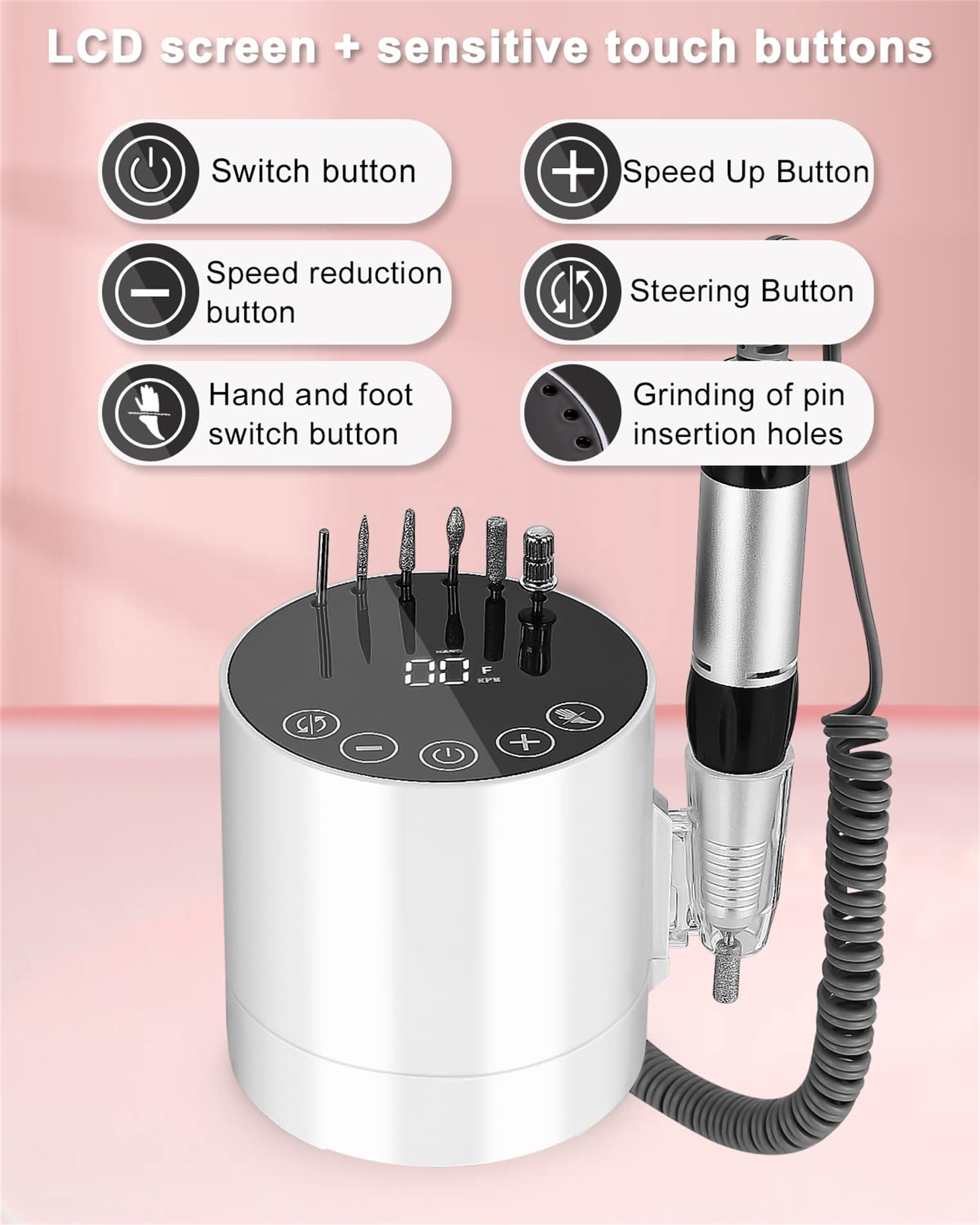 Weiße Nagelpflegemaschine. Sie hat Knöpfe und ein Display sowie Werkzeuge.