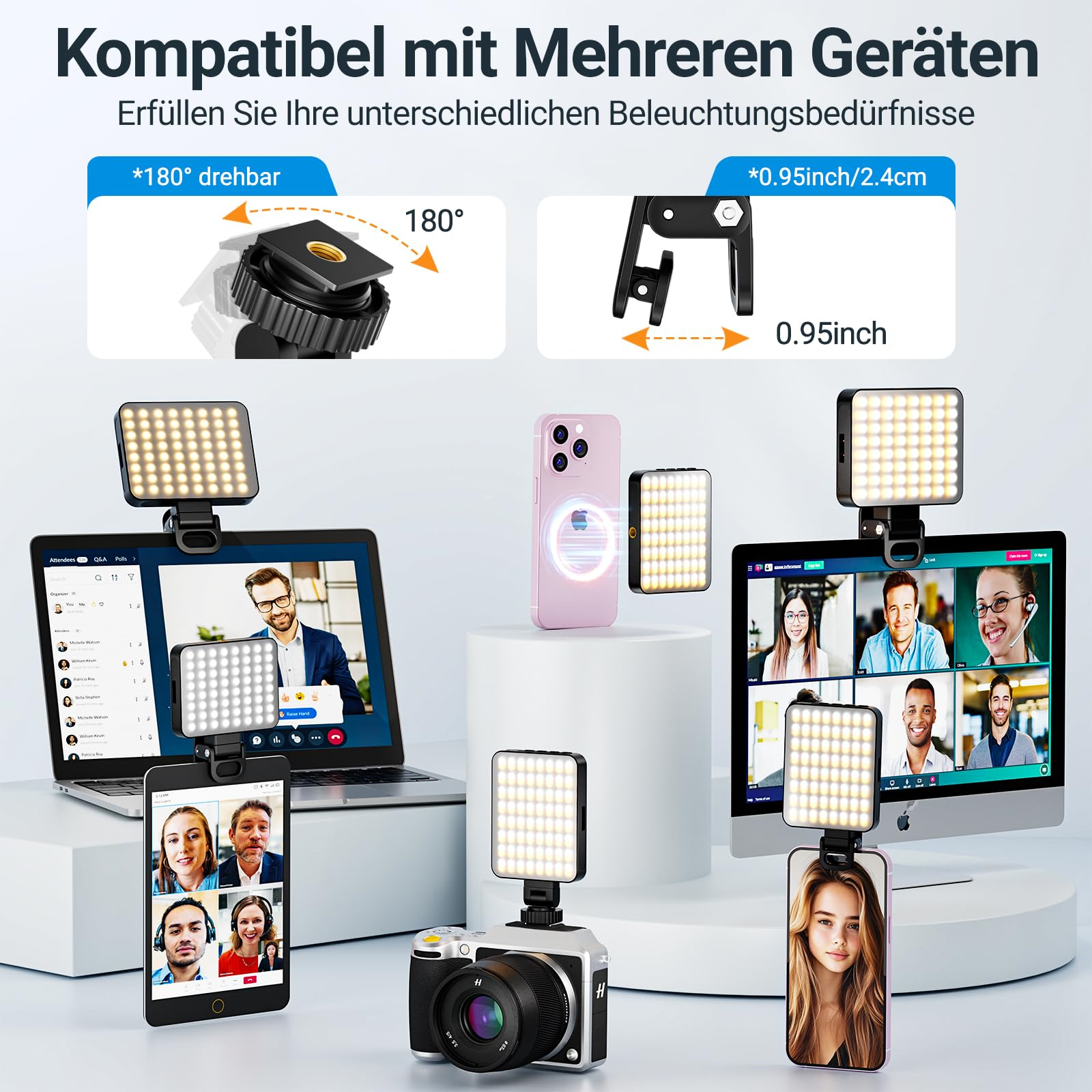 Mehrere Geräte mit angebrachten Lichtern, darunter Telefone, Laptops und Kameras.
