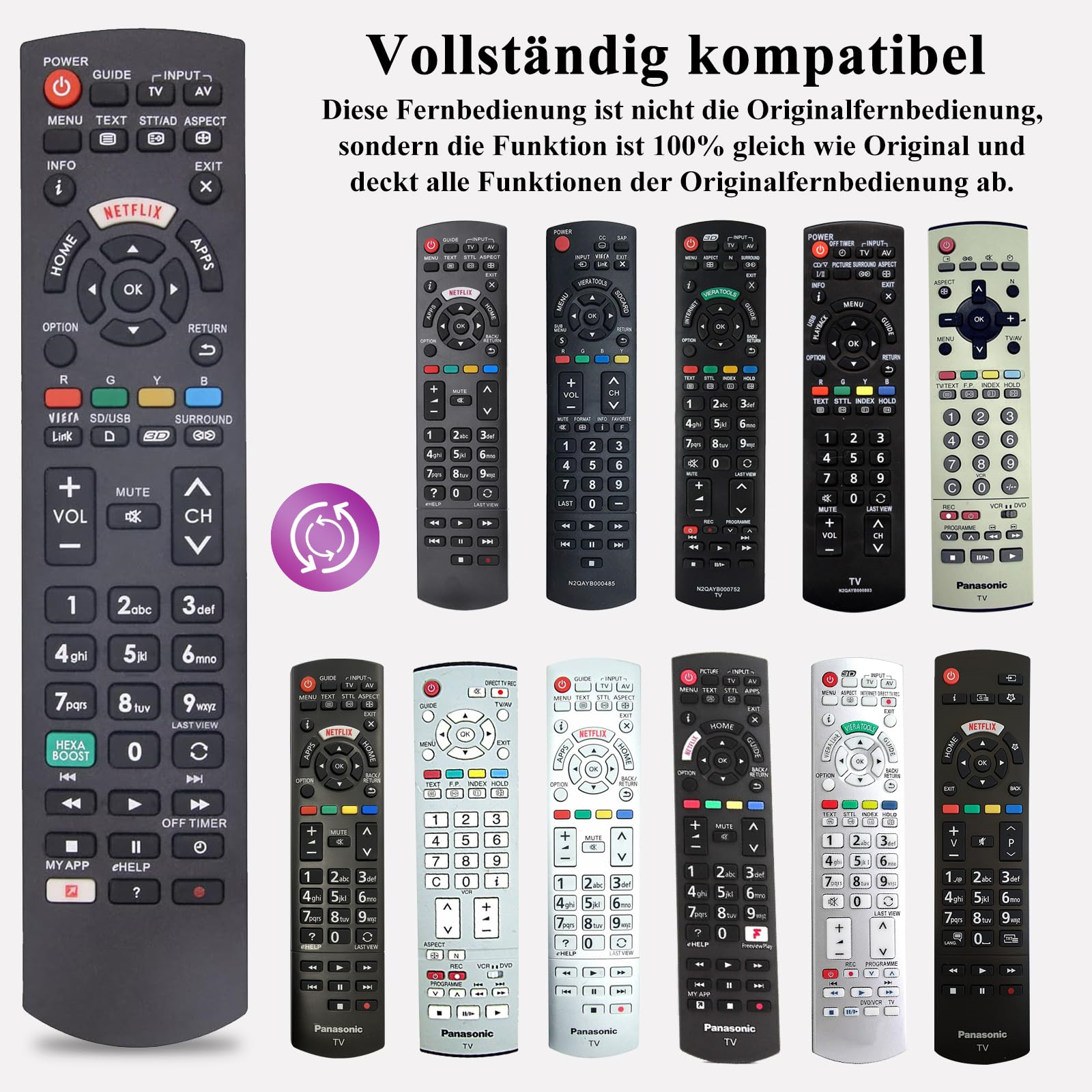 Sammlung von Fernbedienungen mit zentralem Design und verschiedenen anderen, die verschiedene Knöpfe zeigen.