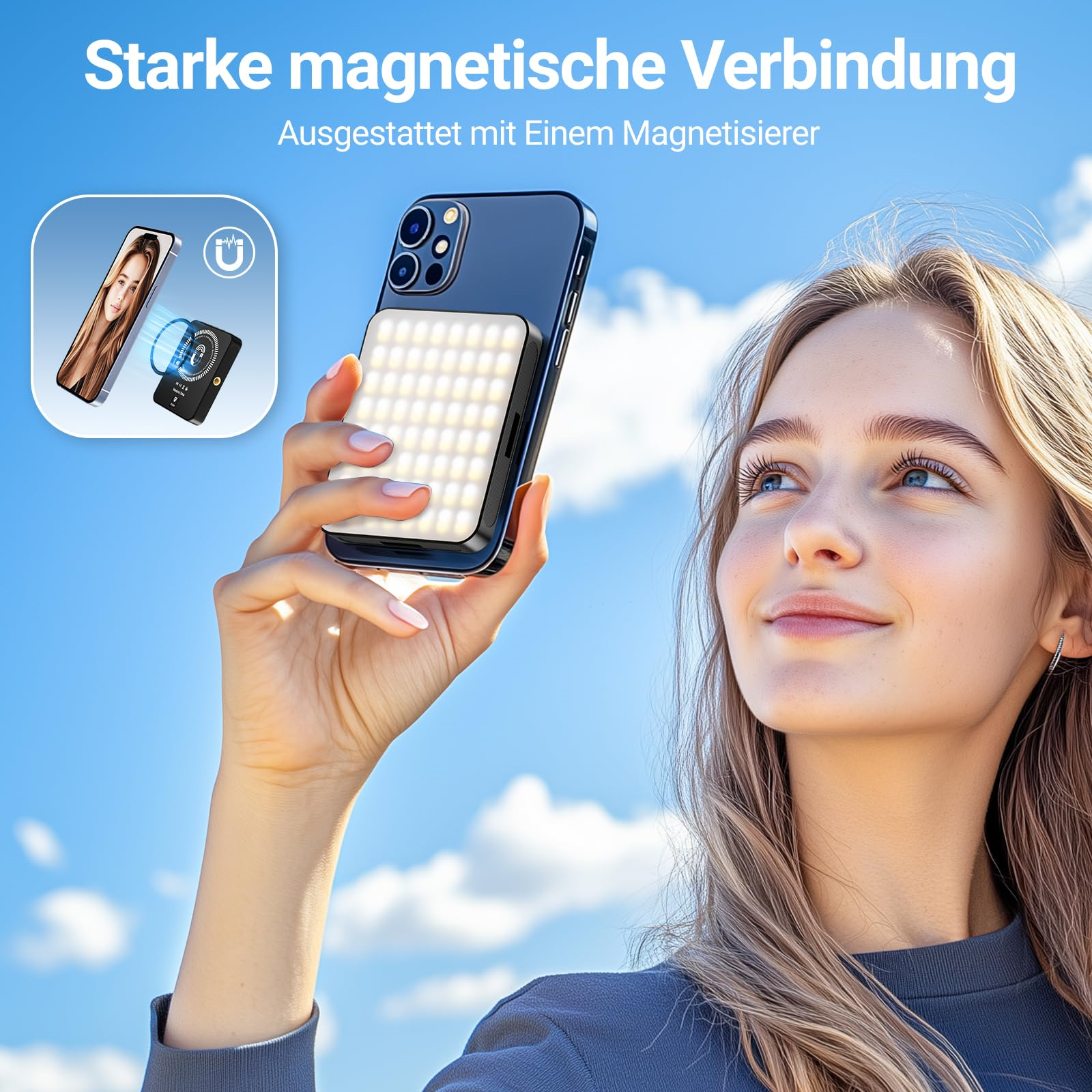 Frau hält ein Telefon mit Lichtaufsatz, das ein Selfie zeigt.