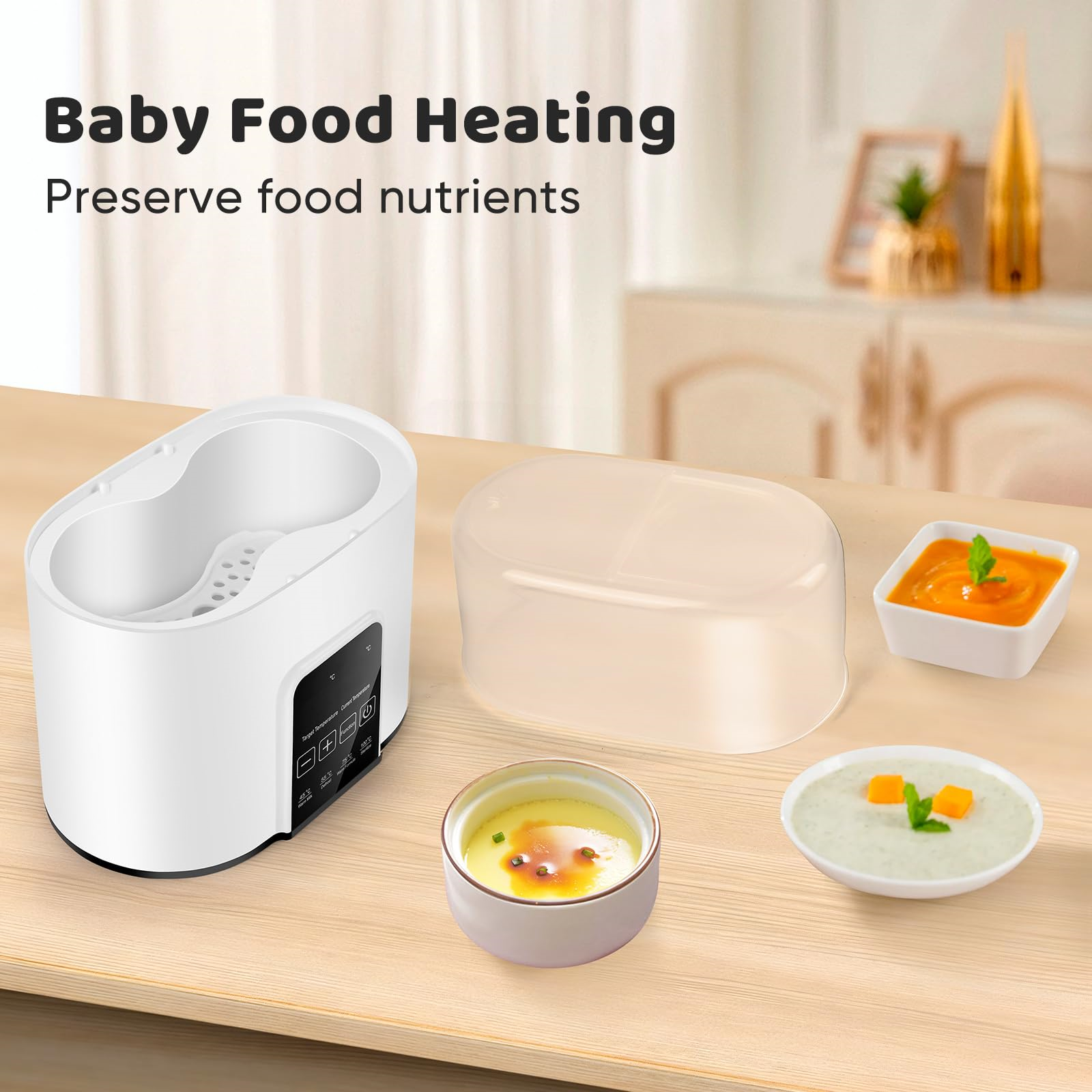 Babynahrungserhitzer mit Lebensmittelproben in Schalen auf einem Holztisch.
