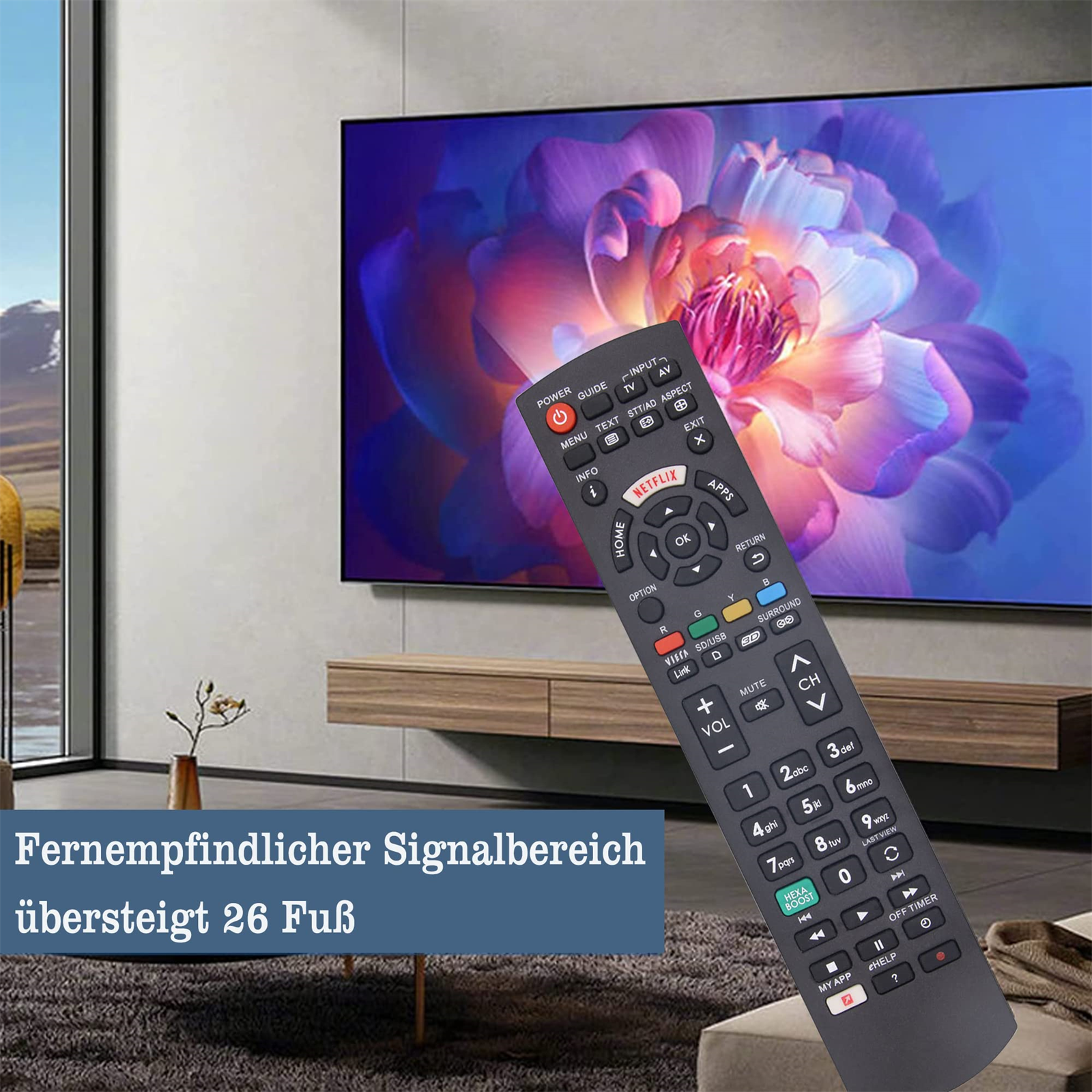 TV-Fernbedienung mit vielen Knöpfen, vor einem großen Bildschirm.
