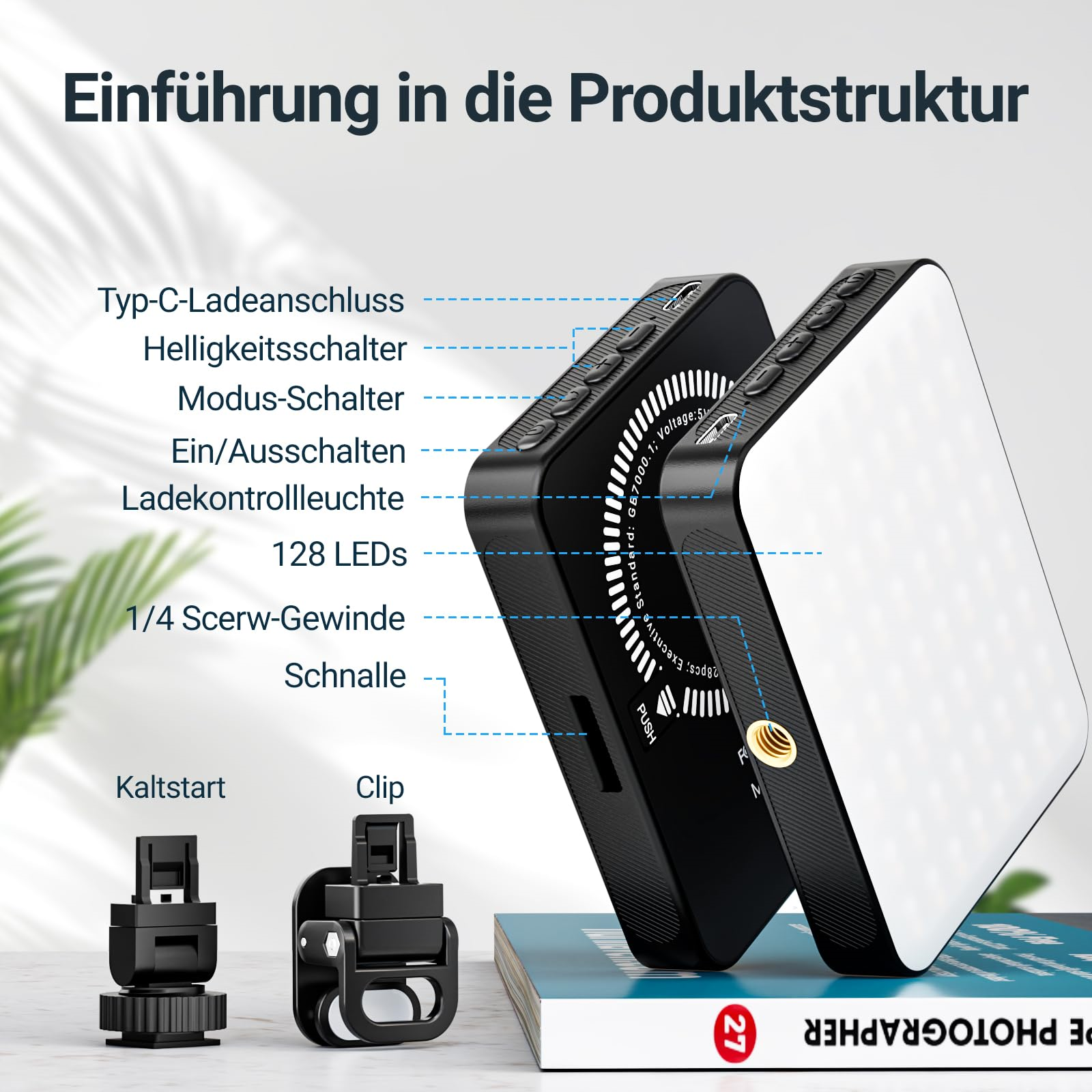 Schwarz-weißes Licht mit Beschriftungen. Vorderseite weiß, Rückseite schwarz.