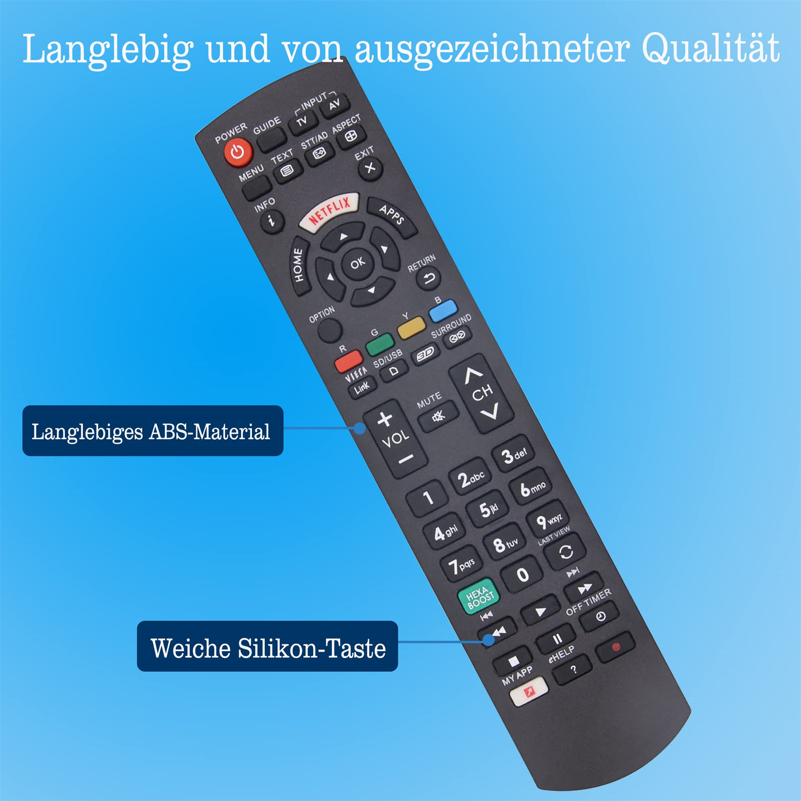 Schwarze TV-Fernbedienung mit Netflix-Taste und vielen Tasten. Auf blauem Hintergrund. Text auf der Fernbedienung.