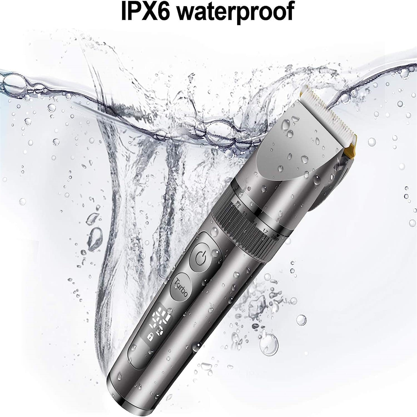 Silberner, wasserdichter Haartrimmer unter Wasser, Blasen, IPX6 wasserdichter Text oben.