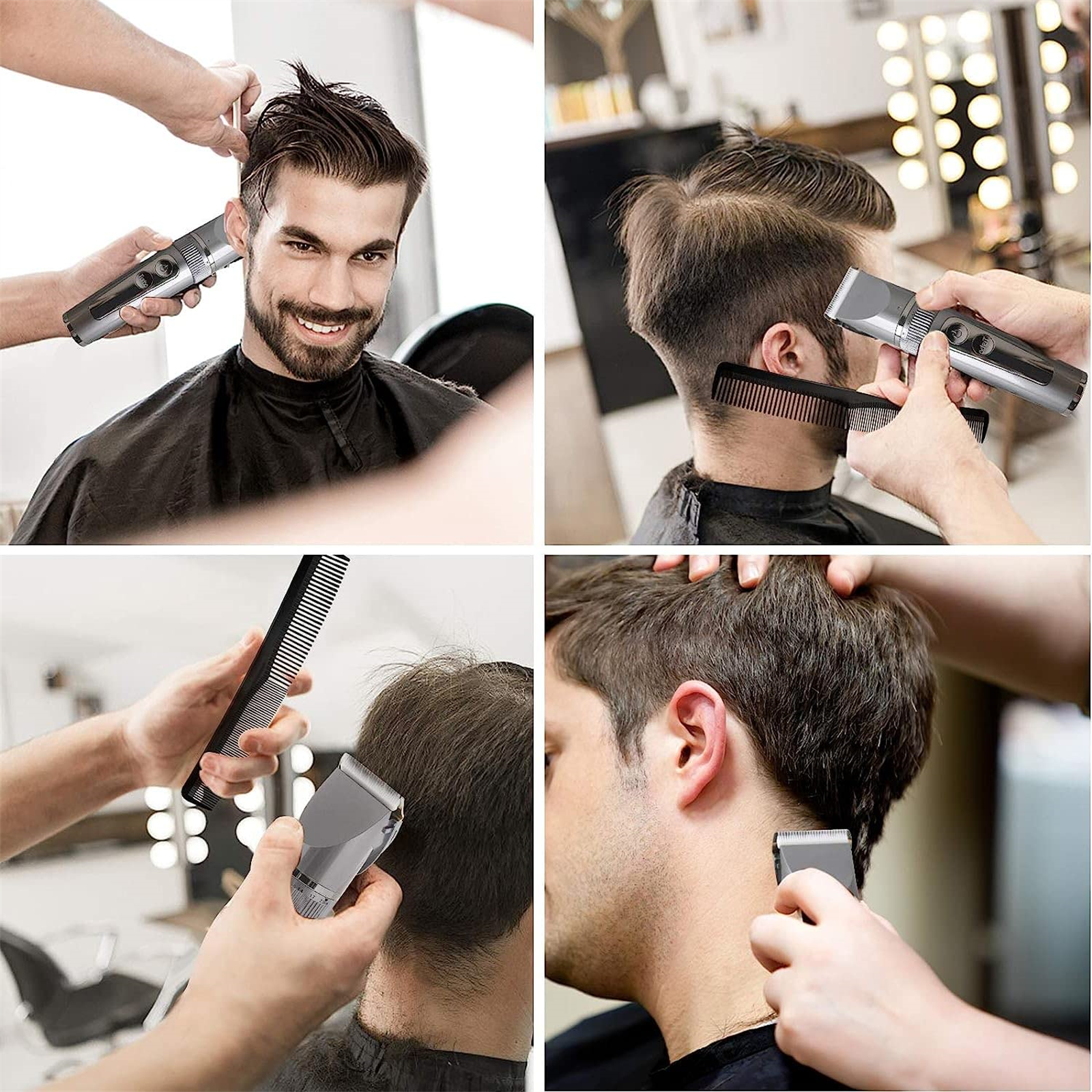 Vier Bilder, die zeigen, wie ein Friseur einen Mann mit Schere und Kamm frisiert.