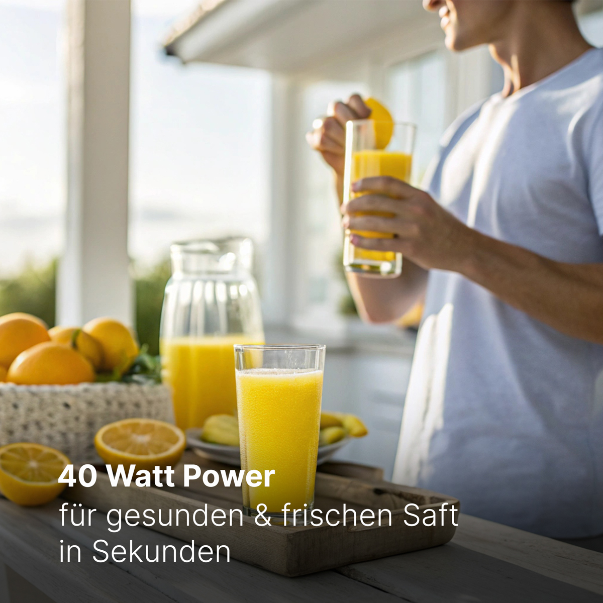 Osoba nalewająca sok z szklanego dzbanka do szklanki, z pomarańczami i tekstem poniżej.