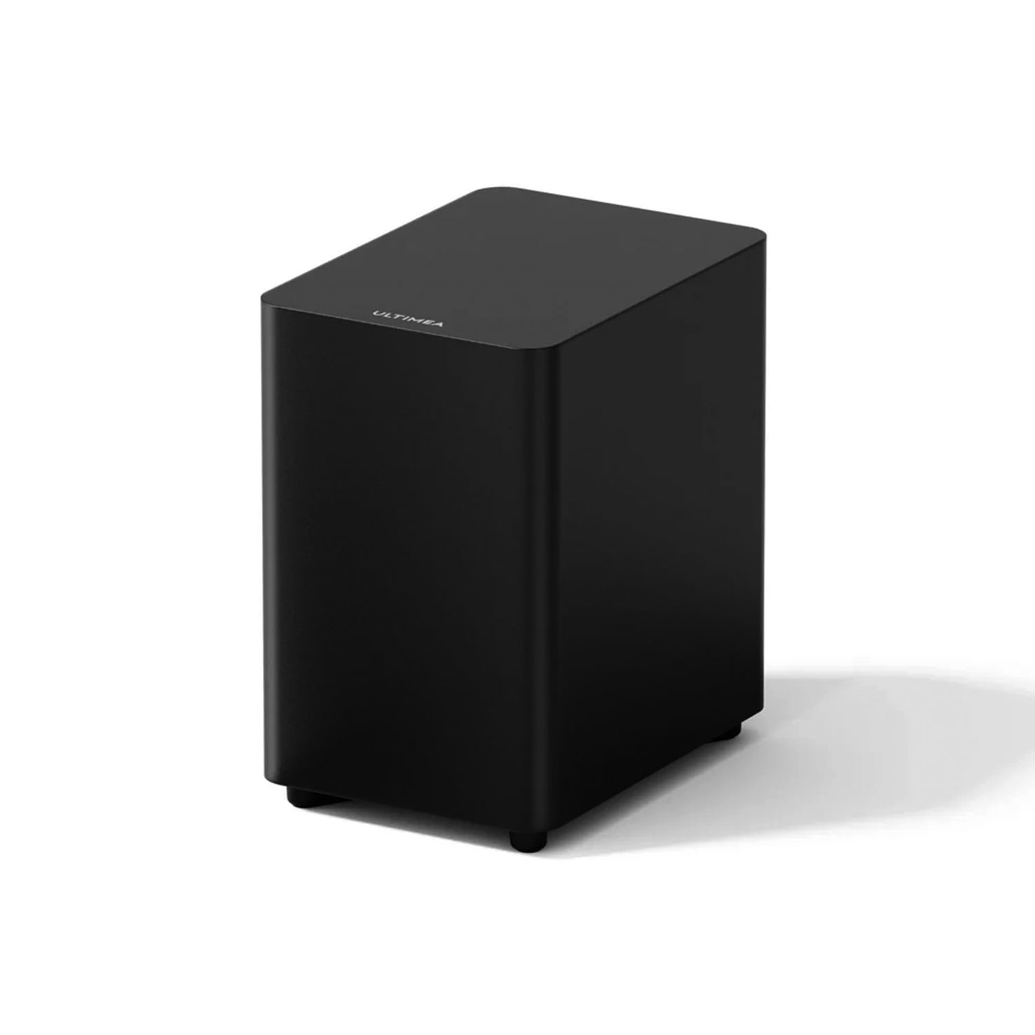 Czarny subwoofer na białym tle. Tekst: 'ULTIMEA'. Subwoofer jest prostokątny.