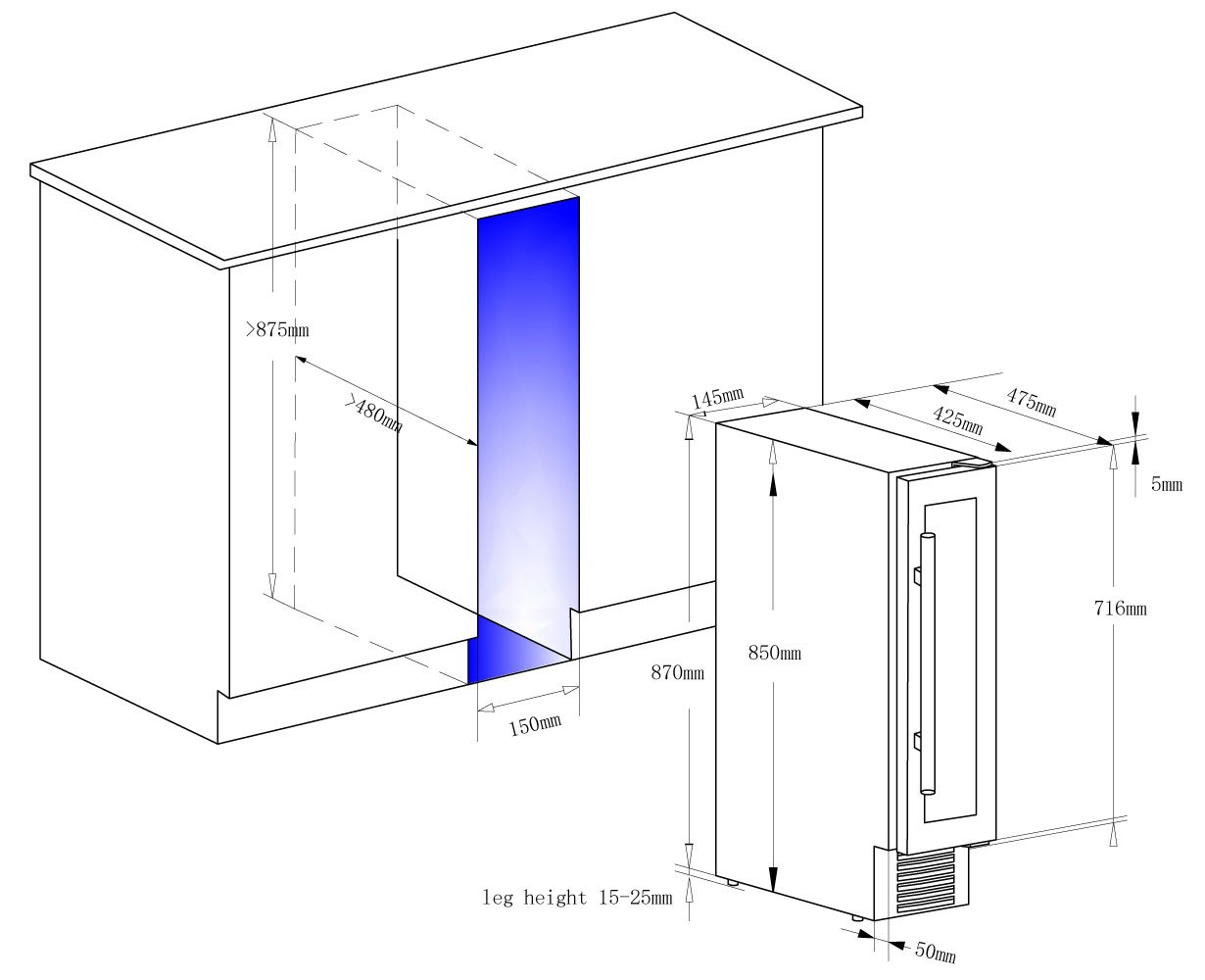 Ein Diagramm mit Maßen für den Einbau eines Weinkühlers.