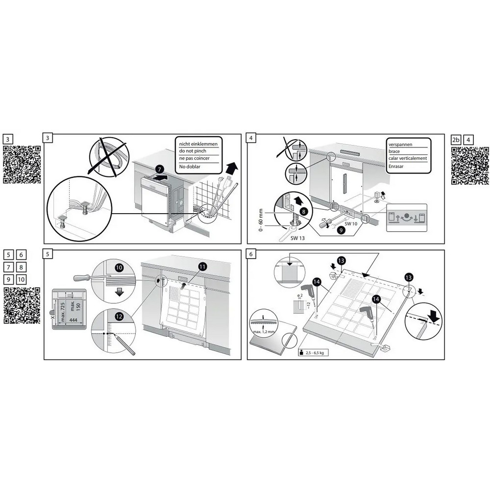 Diagramme zum Einbau eines Geschirrspülers, mit Details und Montageanweisungen.