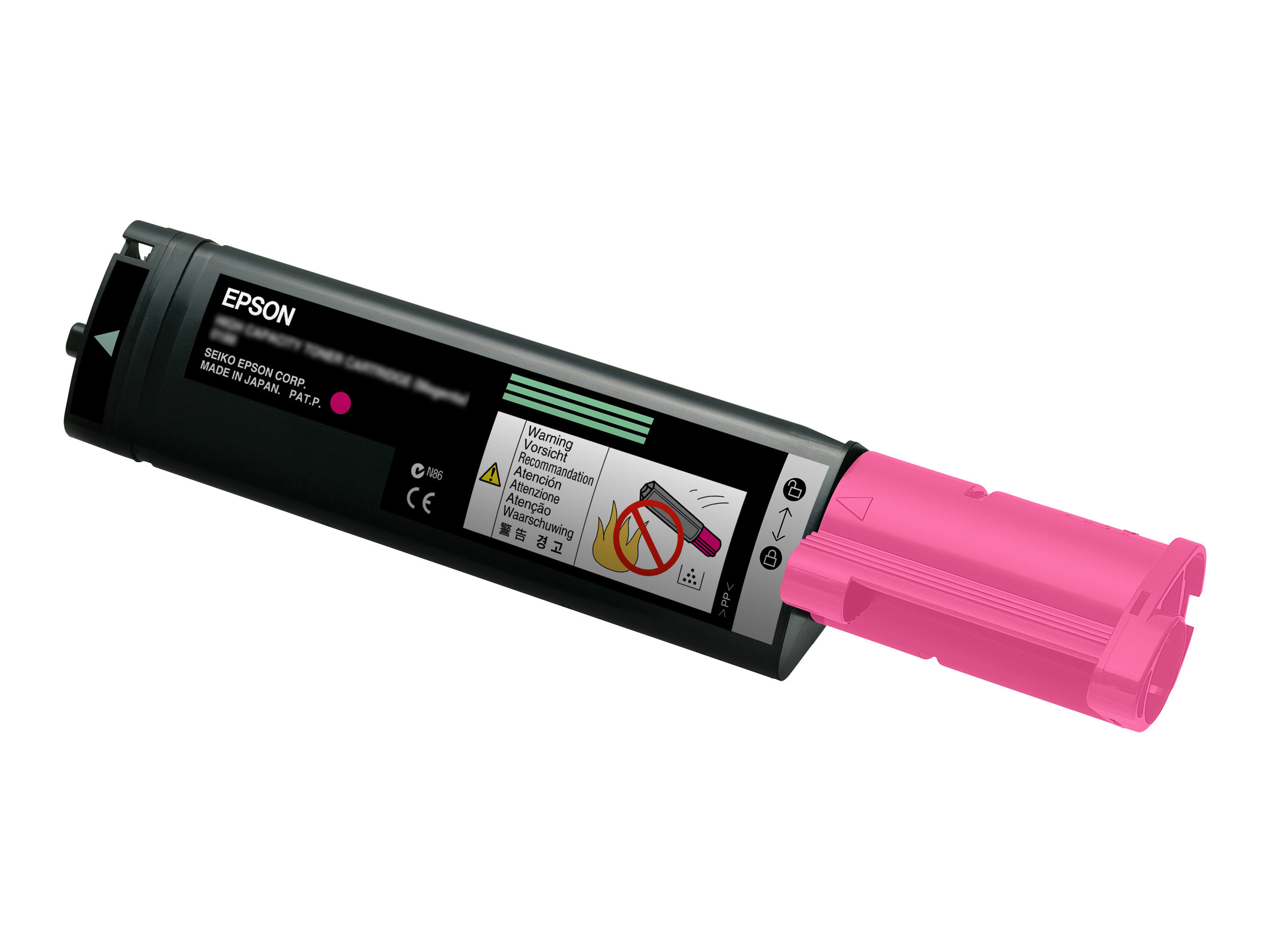 Cartuccia per stampante Epson magenta. Cartuccia nera con ugello rosa. Avvertenze sull'etichetta.