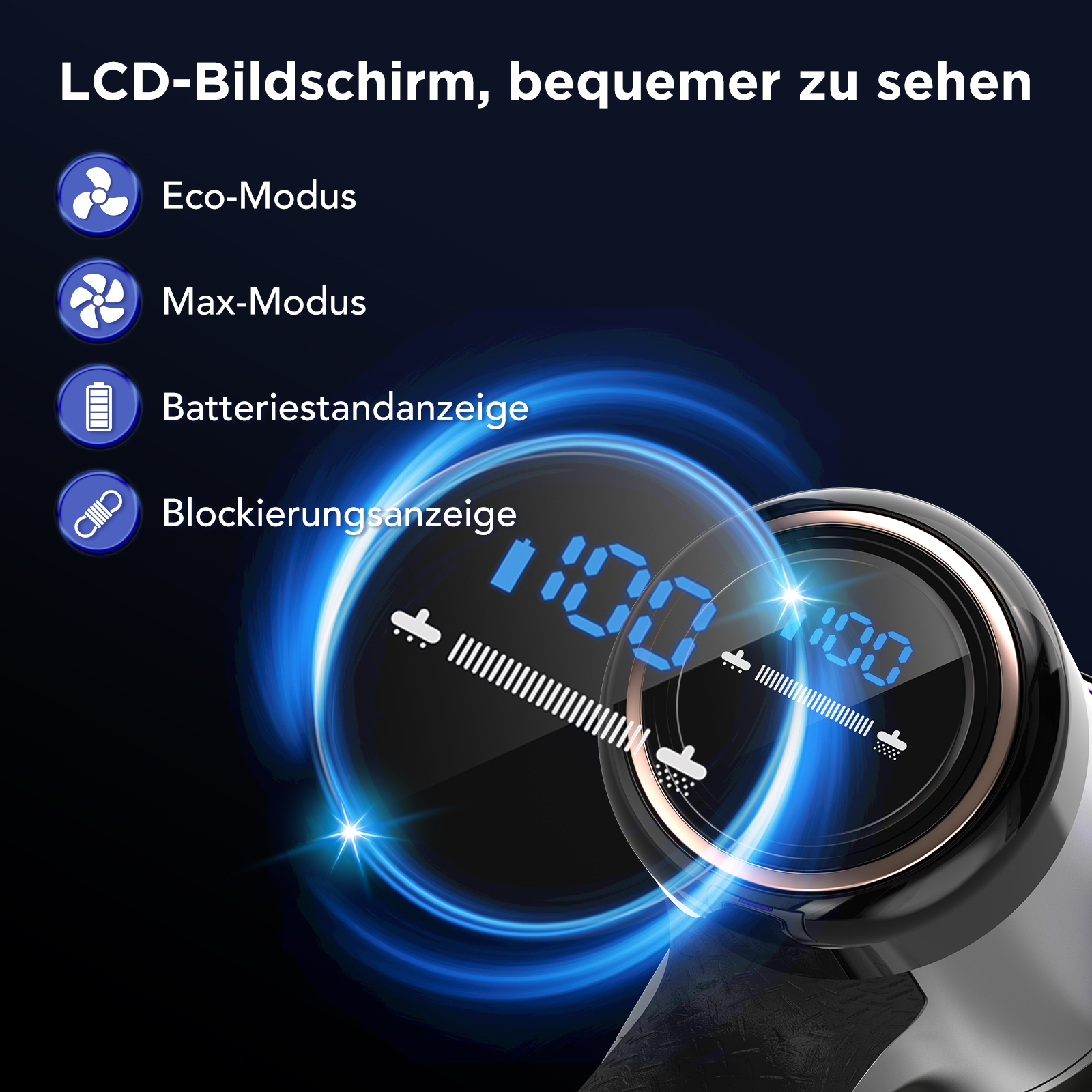 Das Display zeigt Modusoptionen, Akkuladestand und eine Verriegelungsanzeige. Zwei kreisförmige Displays zeigen Zahlen.