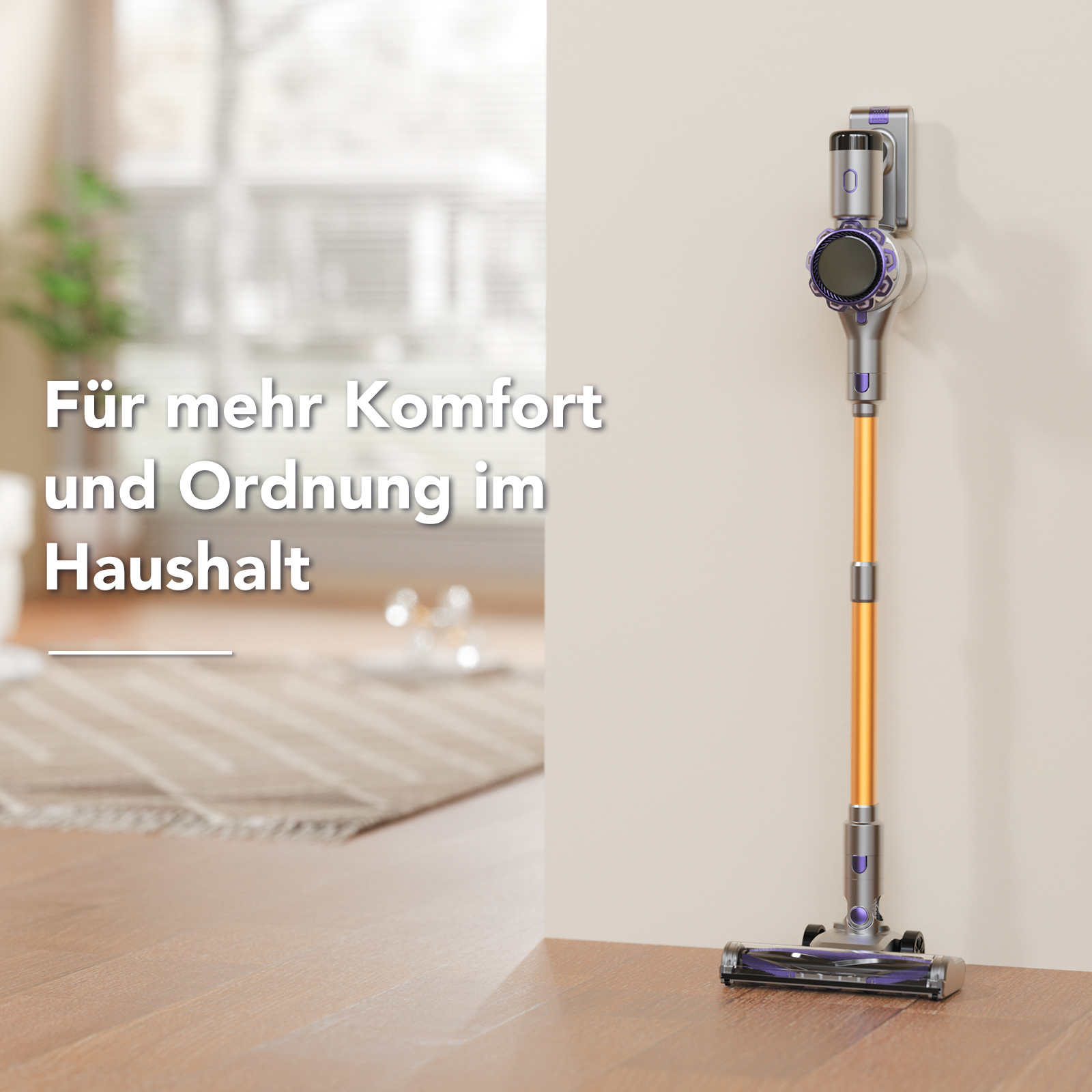 Kabelloser Staubsauger an Wand, deutscher Text über Komfort und Ordnung.