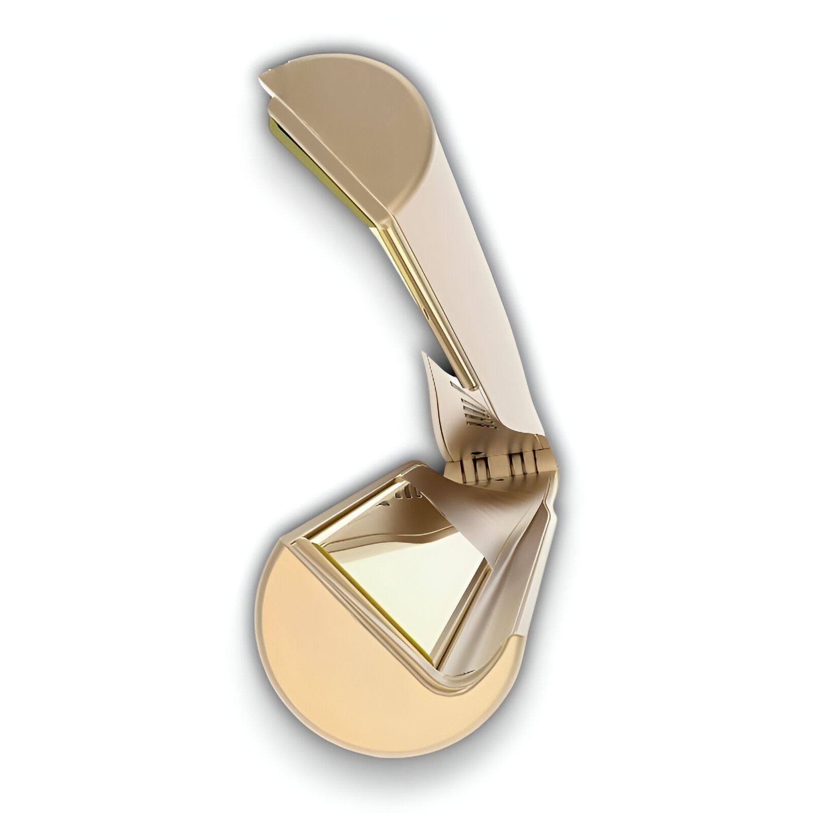 Estuche dorado para auriculares con exterior dorado y fondo blanco.