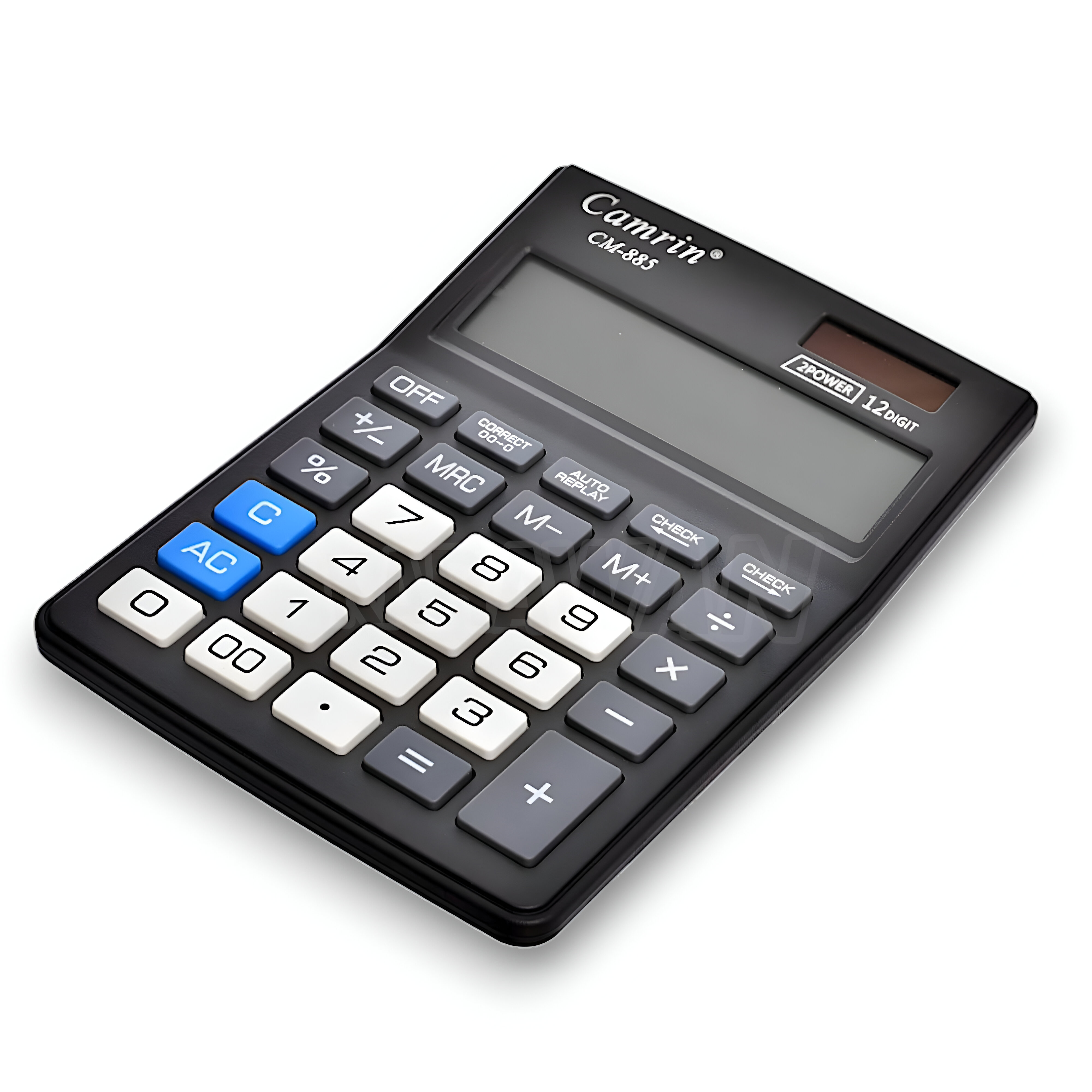 Calculadora negra con teclas blancas y azules, muestra una pantalla y Camrin CM-885.
