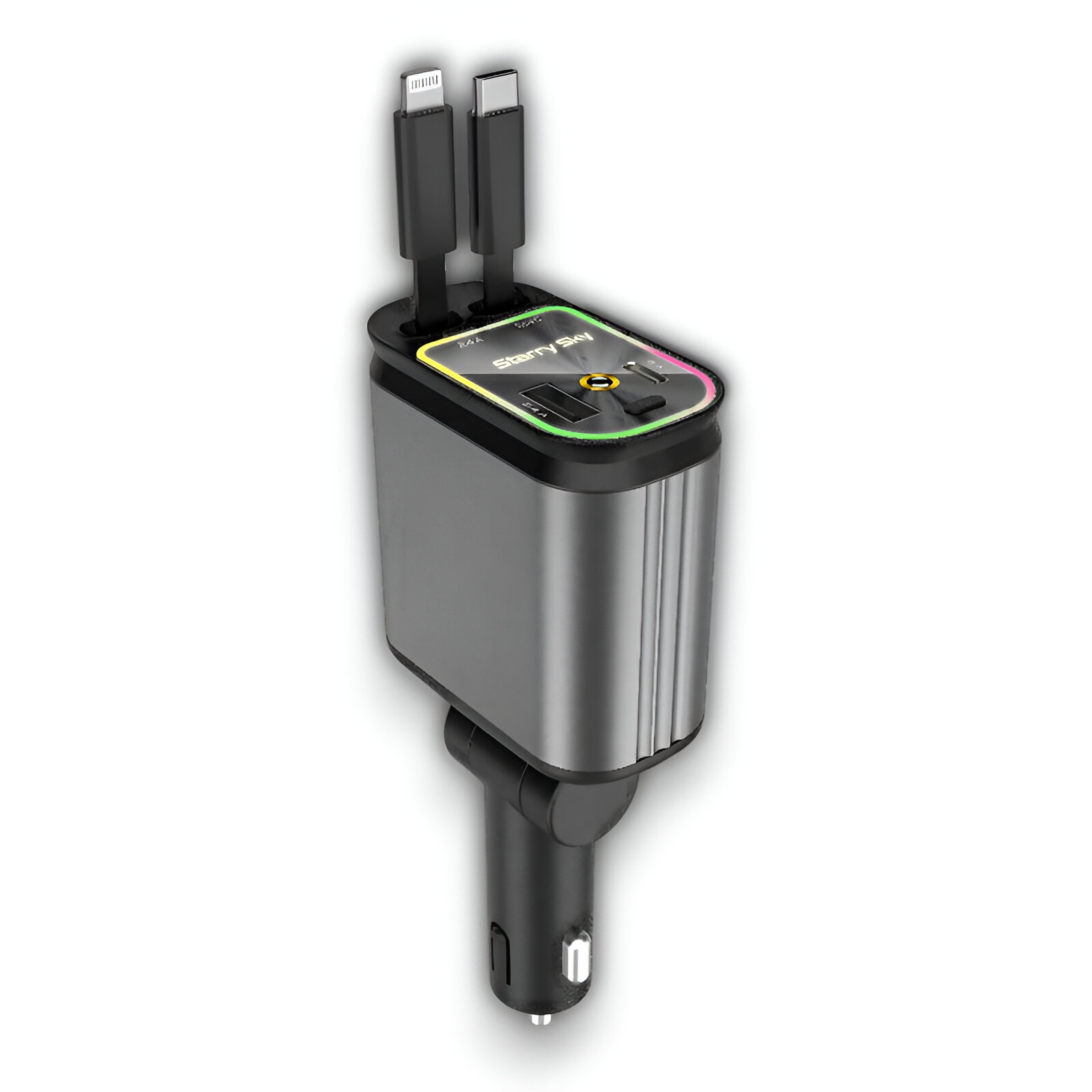 Cargador de coche con múltiples puertos, cables y luces LED de colores.