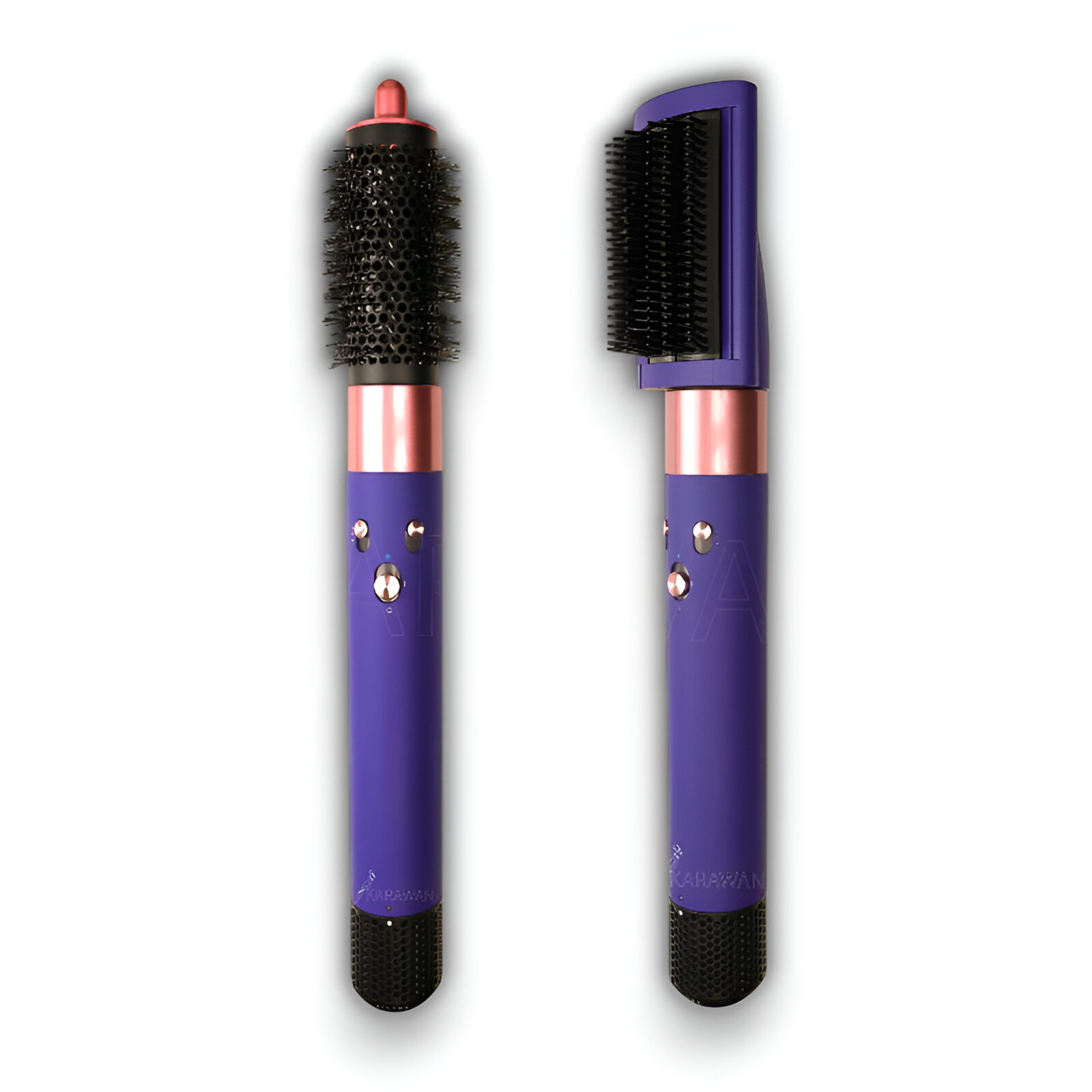 Se muestran dos cepillos para el cabello morados y oro rosa. Uno es redondo, el otro plano, ambos con cerdas negras.