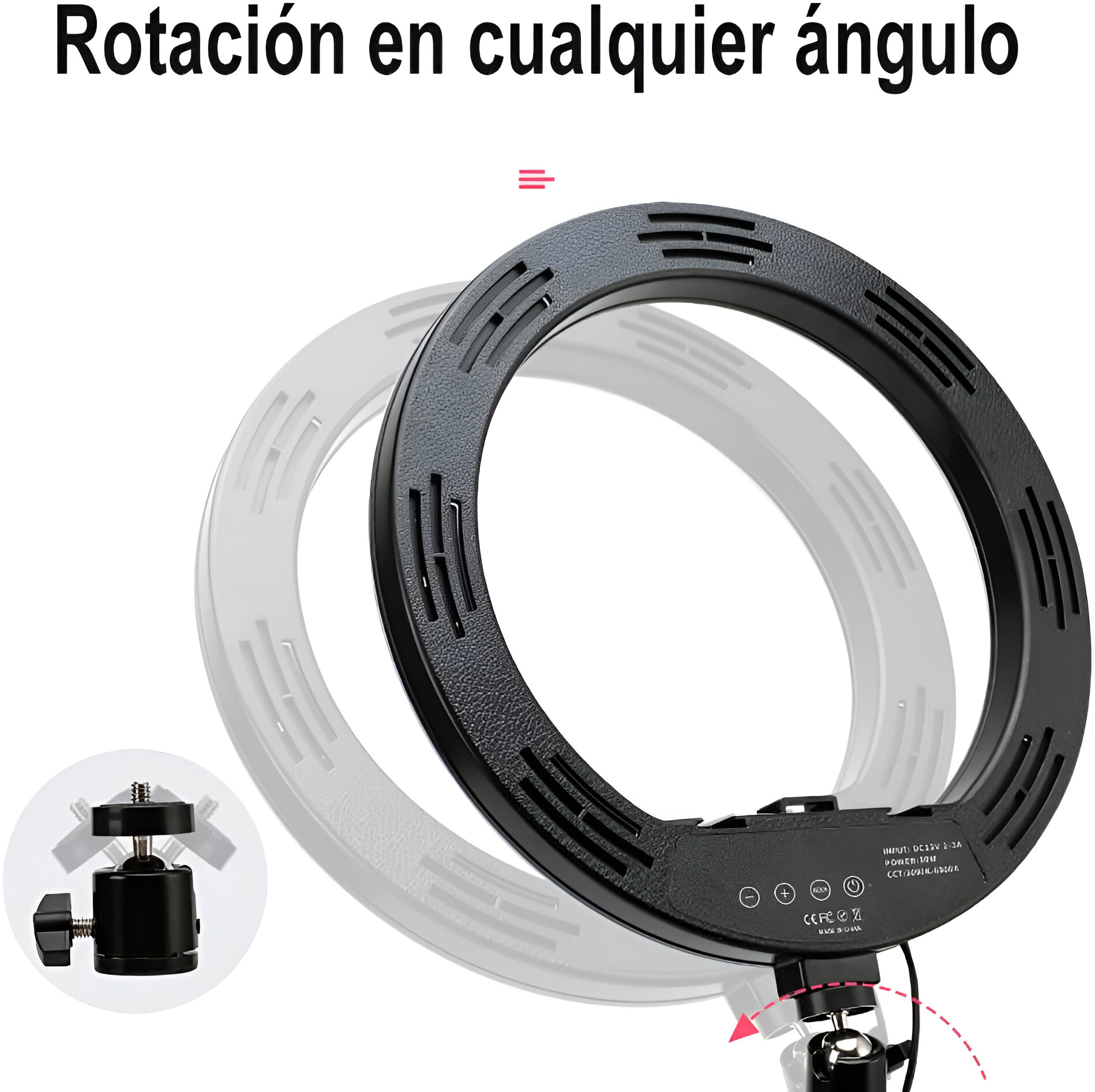 Una luz de anillo negra con cabezal giratorio, montada sobre una rótula, sobre un fondo blanco.