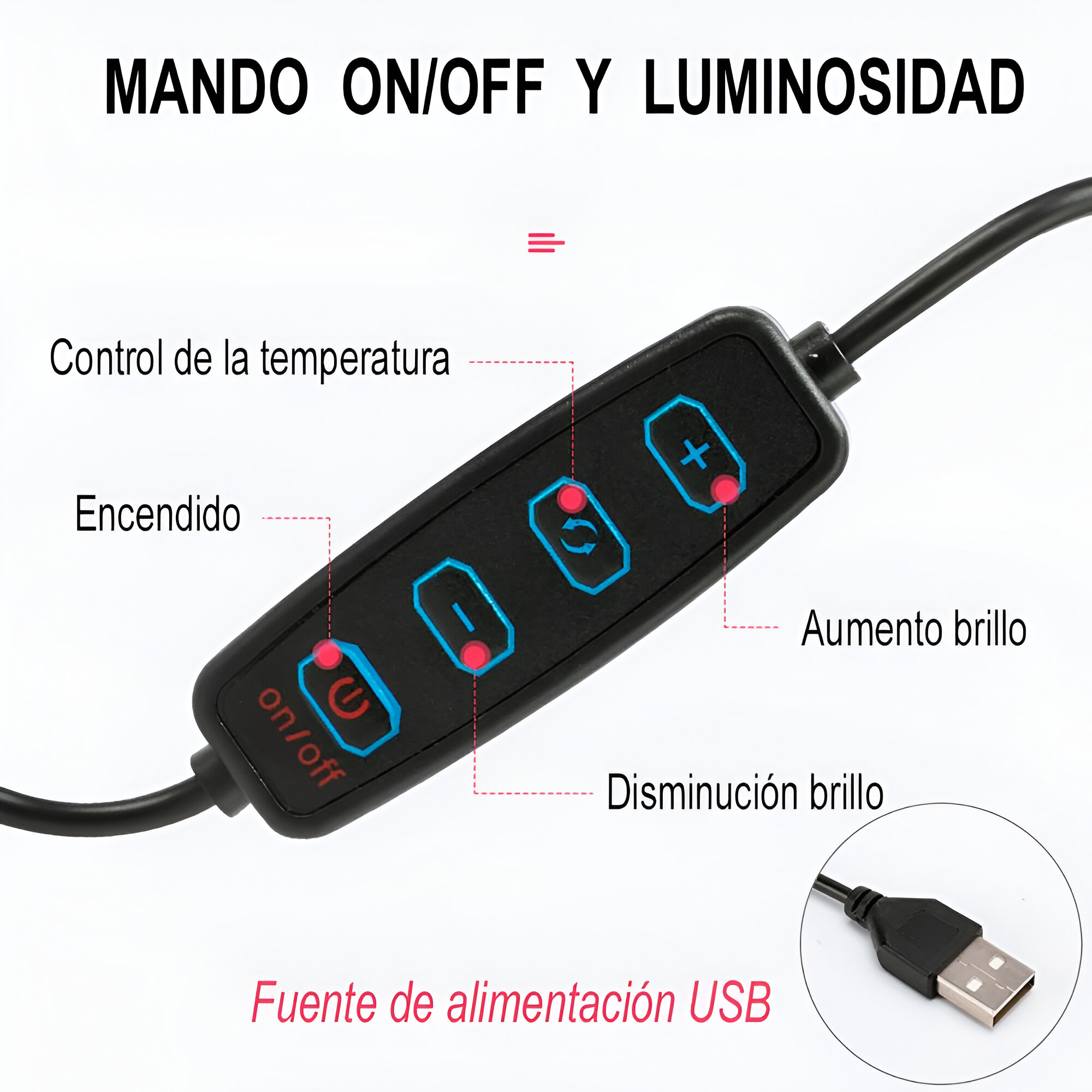 Panel de control de luz con alimentación USB, sobre fondo blanco.