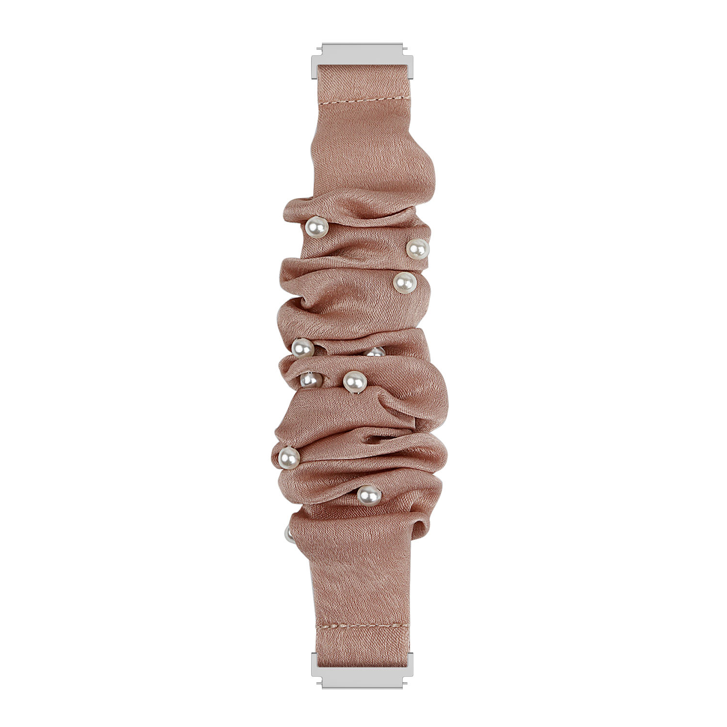 Rosafarbenes Scrunchie-Uhrenarmband mit Perlen, Metallverbinder.