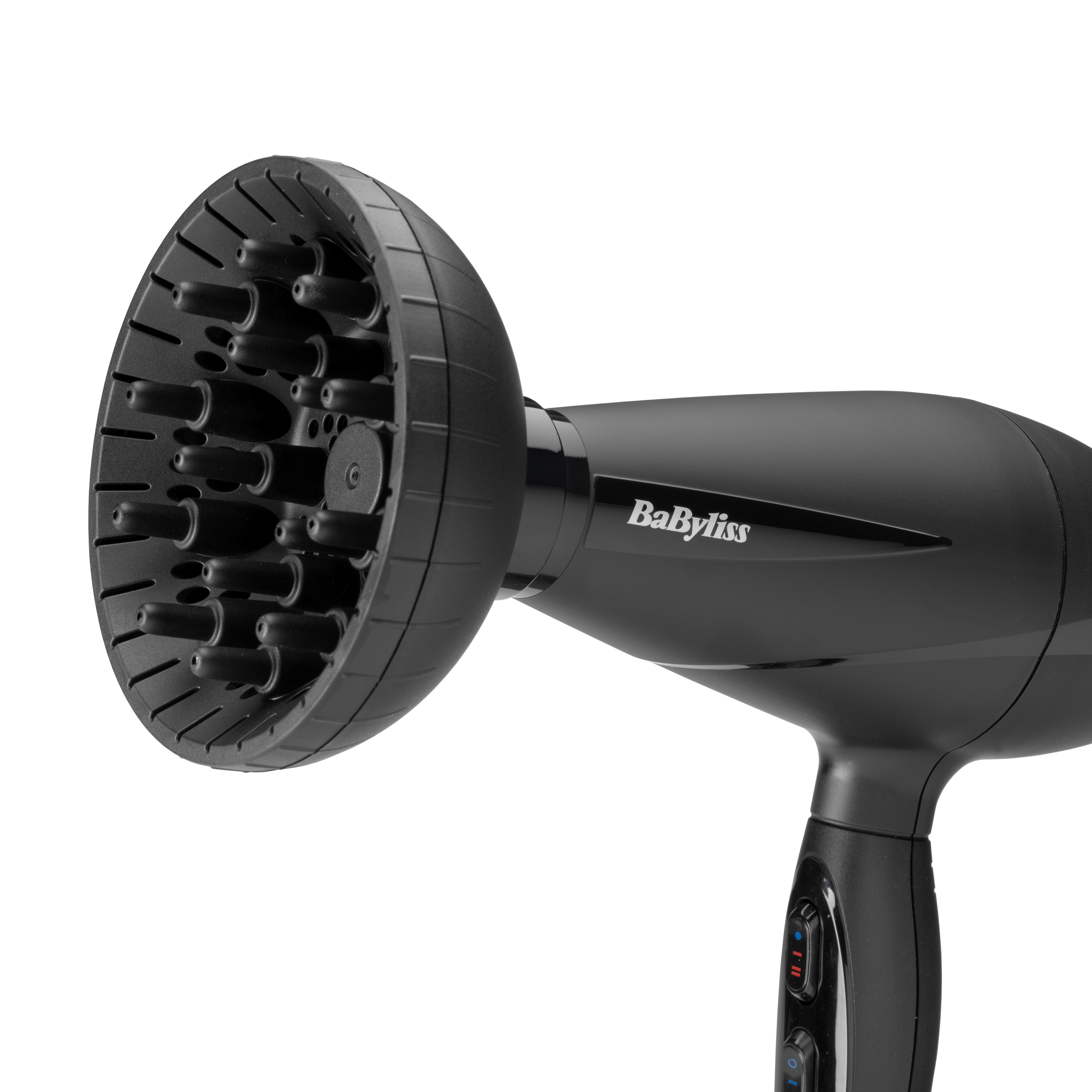 Asciugacapelli nero con diffusore, su sfondo bianco, marca Babyliss.