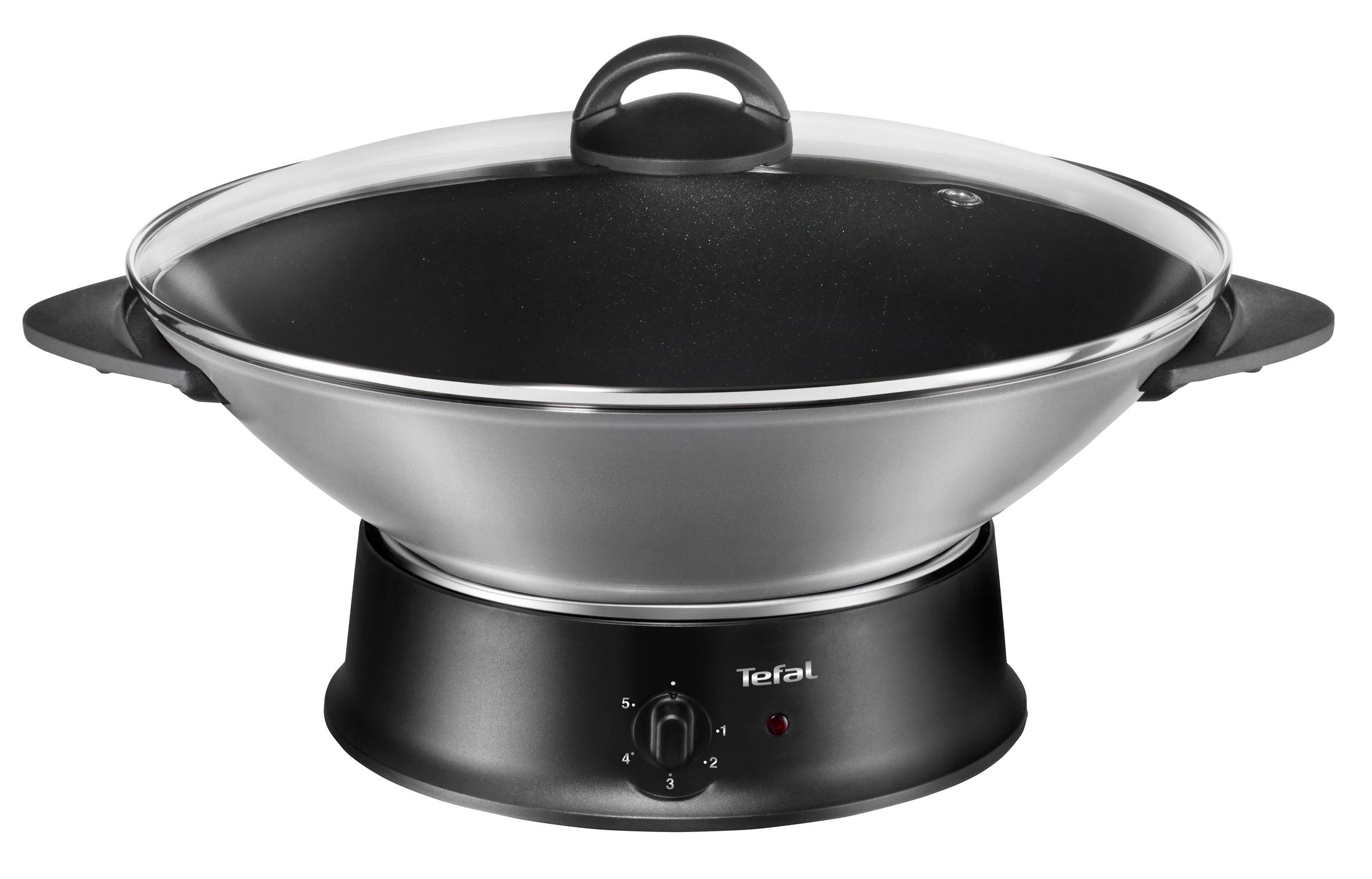 Schwarze und silberne Tefal Wok-Pfanne auf schwarzem Sockel mit Glasdeckel. Die Steuerung ist an der Basis.