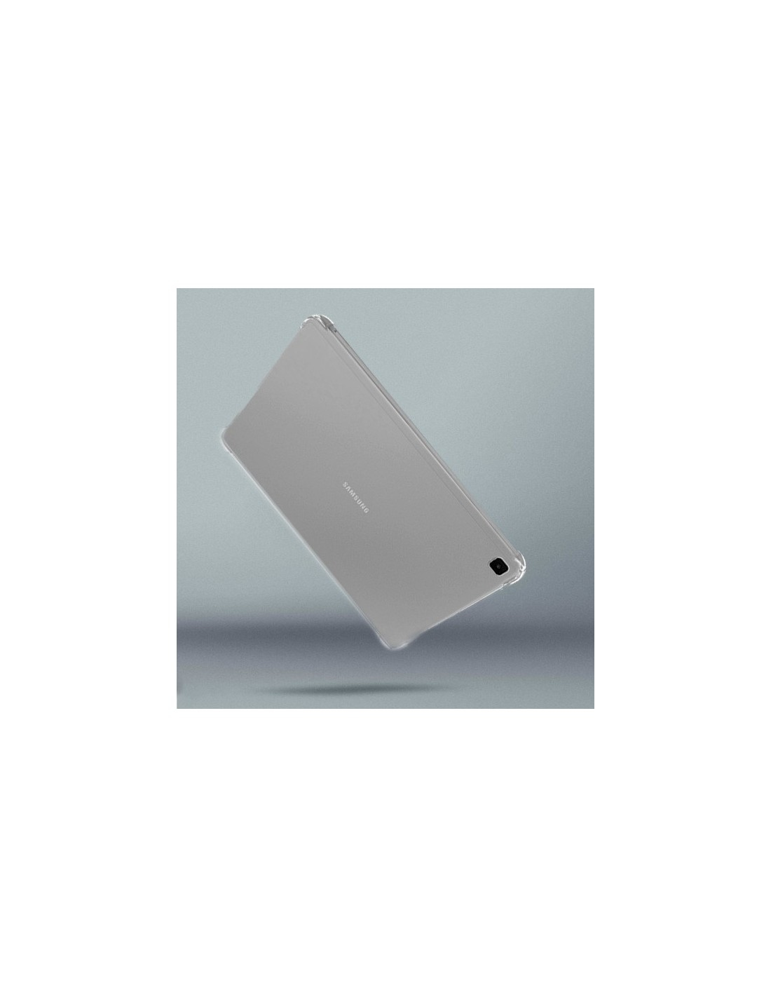 Silbernes Tablet mit Kamera auf grauem Hintergrund, nach oben angewinkelt.