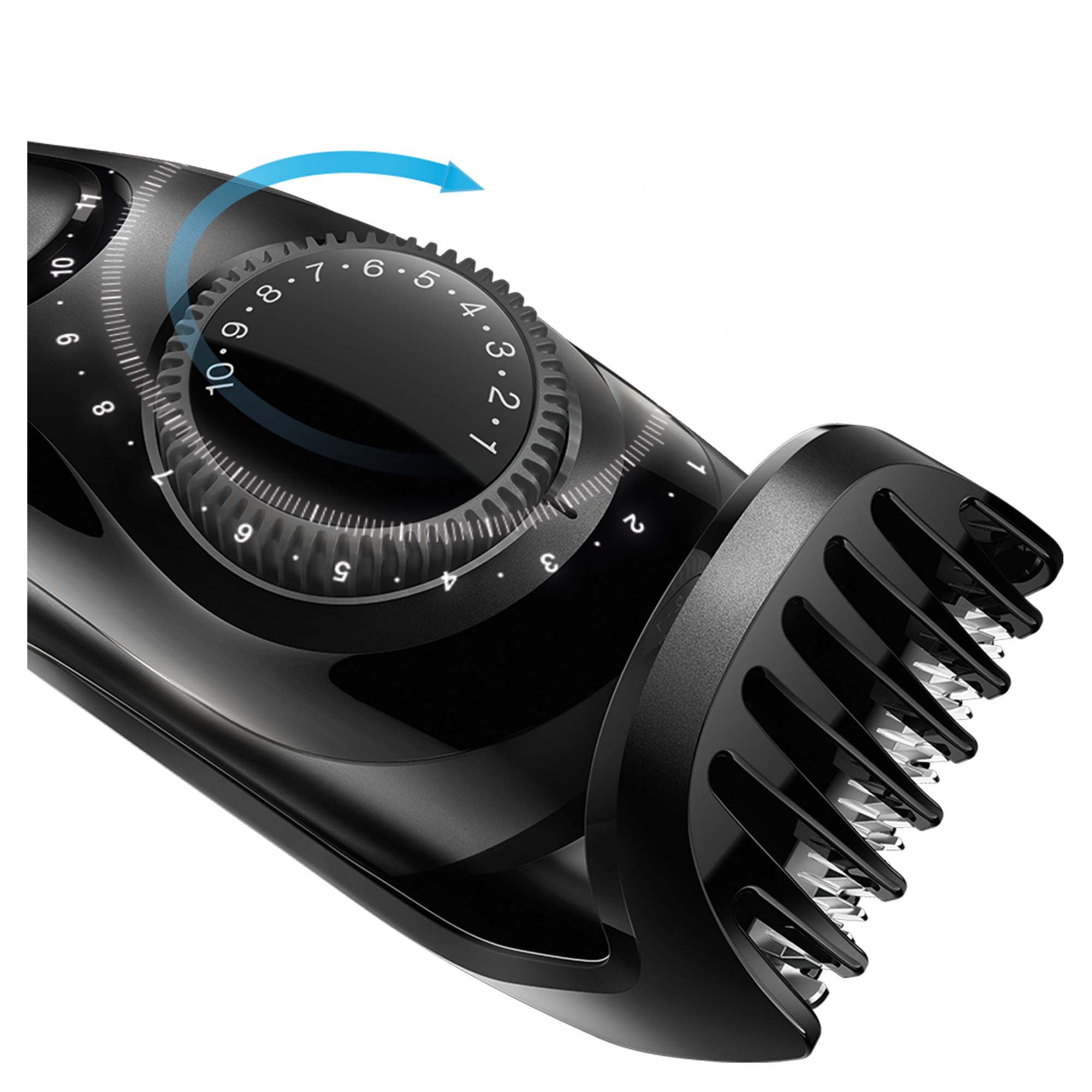 Czarna maszynka do strzyżenia brody z pokrętłem i nasadką grzebieniową. Niebieska strzałka wskazuje obrót.